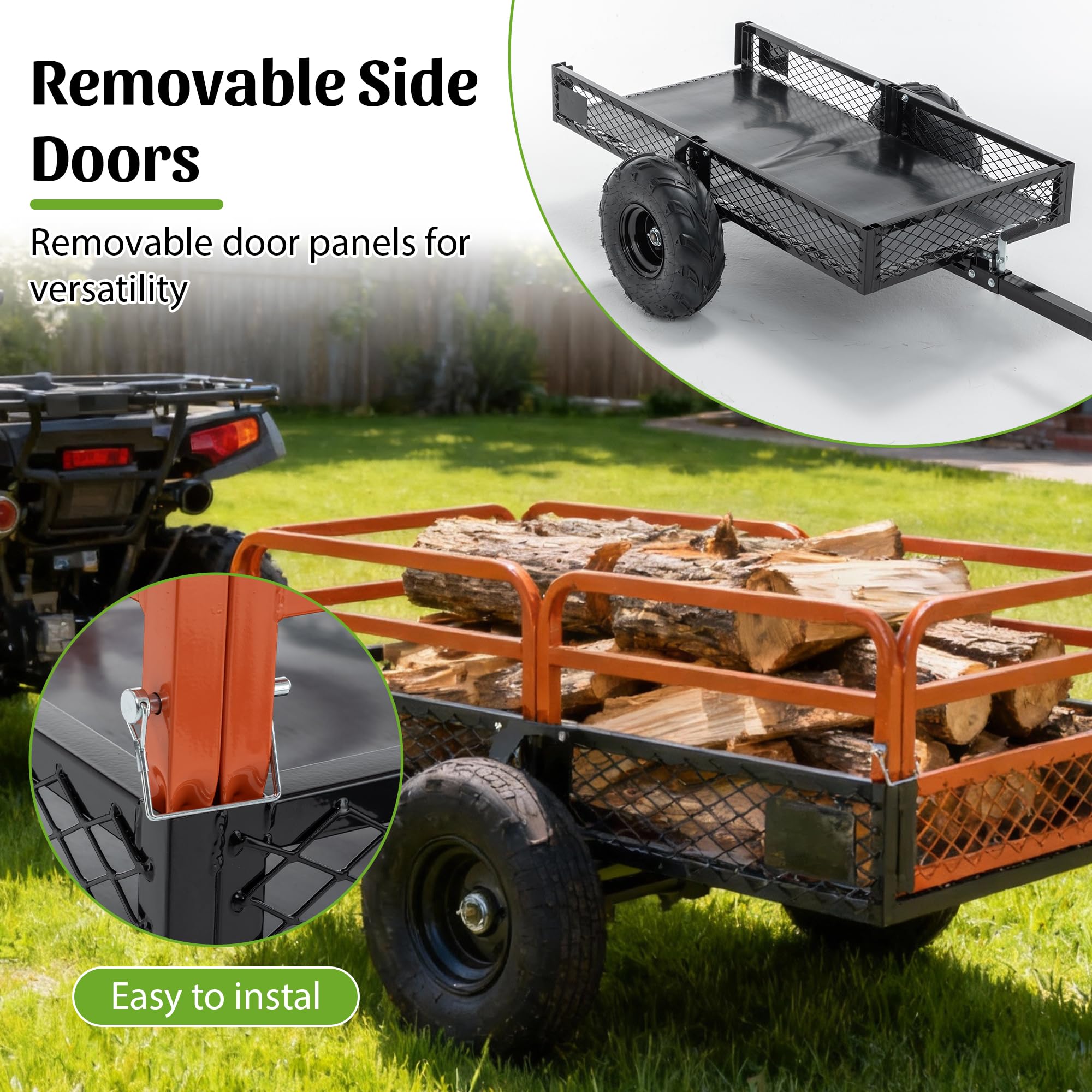 Remolque de carro de descarga resistente de 1500 libras de capacidad de 15 pies cúbicos con descarga de doble control para ATV UTV tractor cortacésped de giro cero, neumáticos todo terreno y