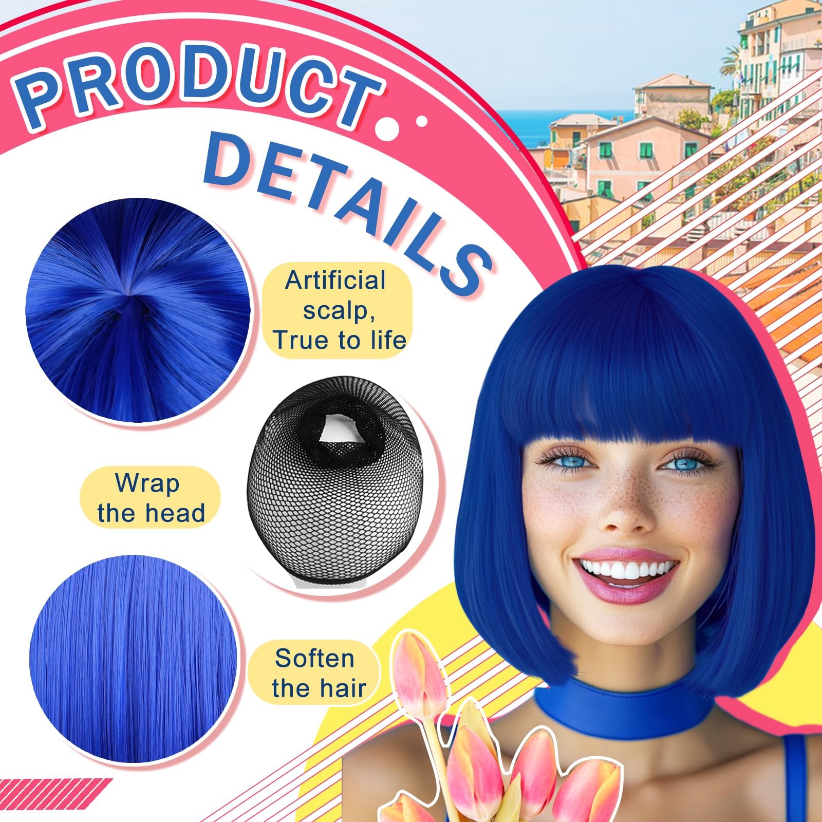 Party Wigs Wig Cap and Sunglass Set,Short Bob Hair Wigs Straight with Flat Bangs Synthetic Colorful Cosplay Daily Party Neon Wig for Women (Royal blue) - Image 4