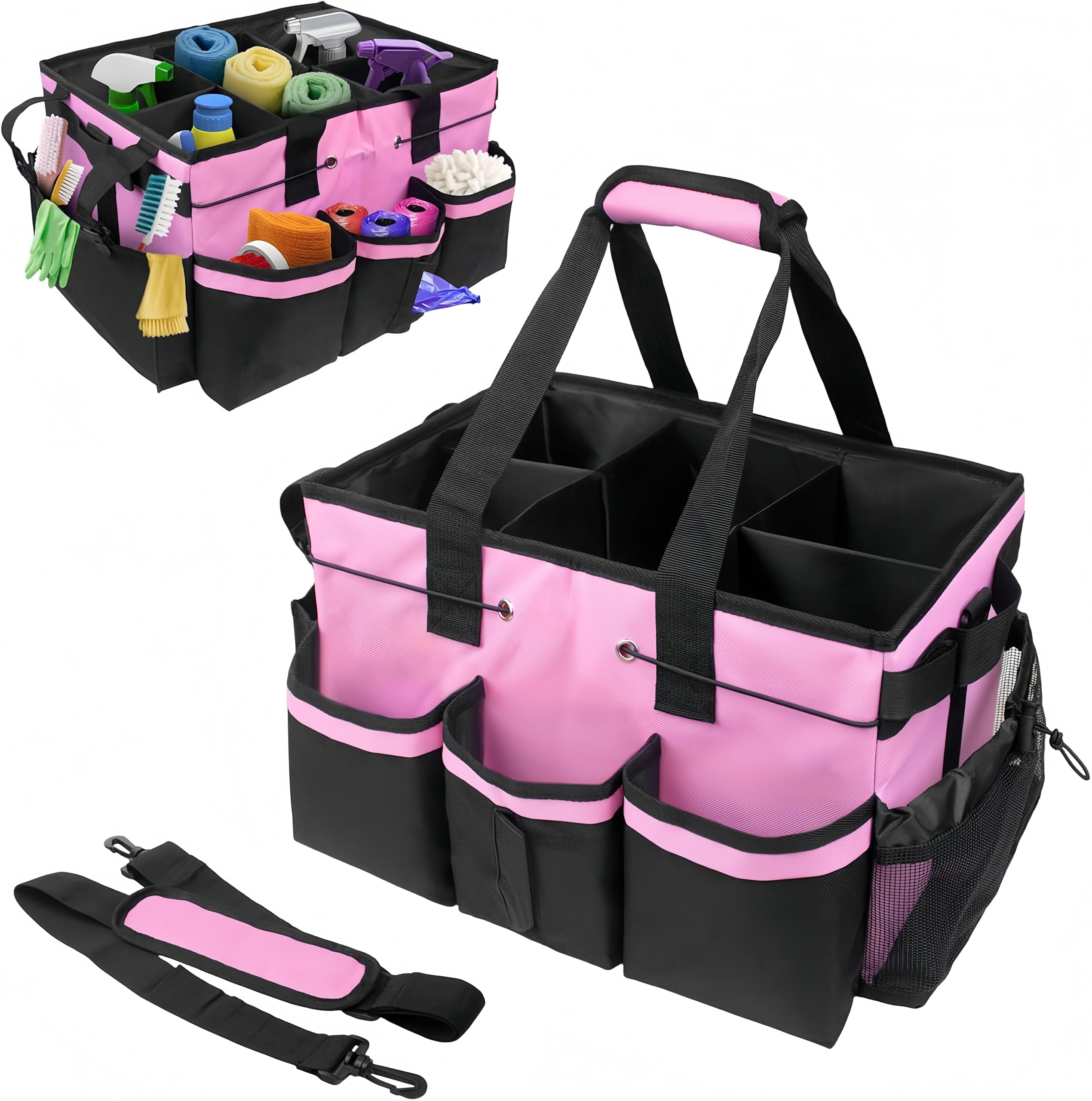 SKYFREIGHT Large Cleaning Caddy Bags, Cleaning Supplies Organizer with Handle & Adjustable Shoulder Straps,Multi-compartment Design Cleaning Supply Tote for Cleaners&Housekeepers (Pink)