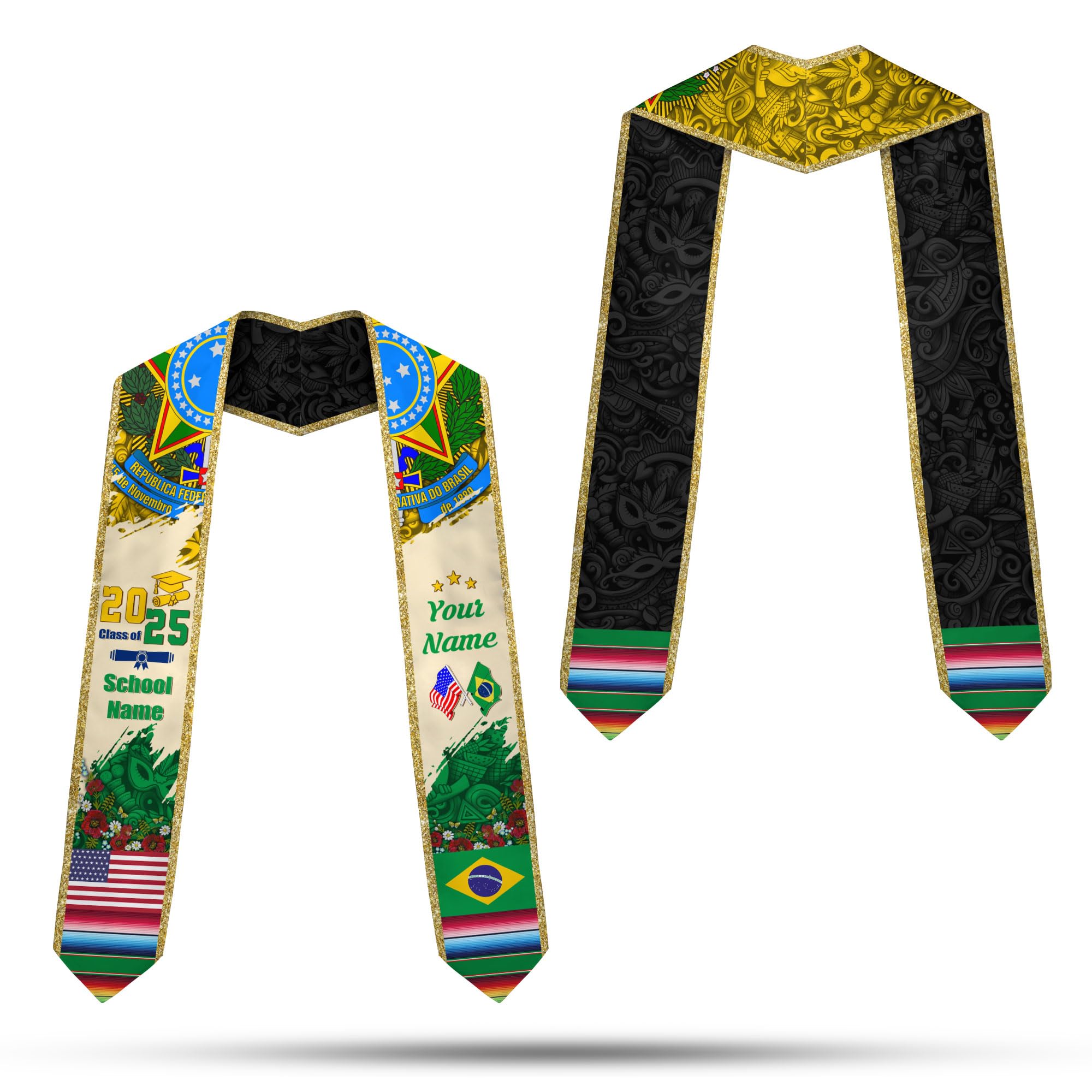 MonkeyVan Brazil Graduation Stole Custom Brazil American Flag Graduation Sash Brazilian Flag Graduation Stole Class of 2025 Bz15