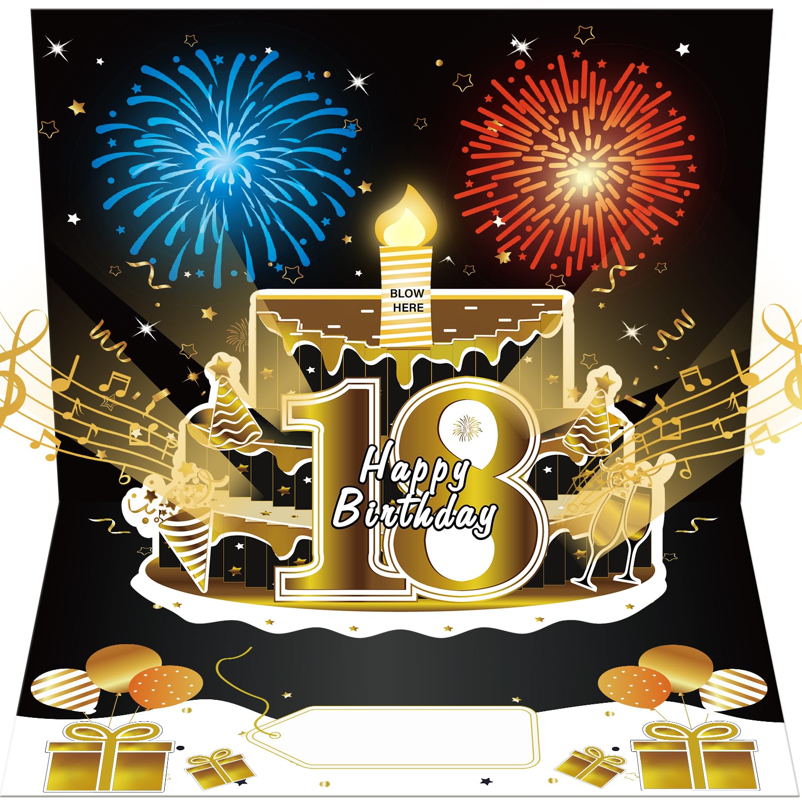 Turypaty 18th Birthday Cards Pop Up 3D Cake - Firework & Music & Blow Out Candle Light Funny Happy 18 Black Gold Birthday Card Gifts for Boys, Girls,