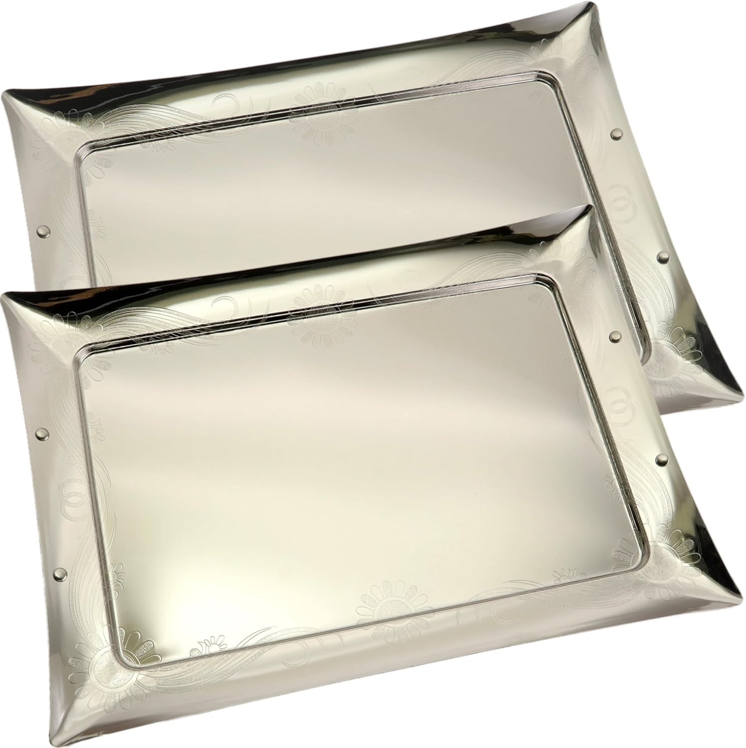 (Pack of 2) 16.6 Inch x 12.1 Inch Rectangular Chrome Plated Serving Tray Stylish Sunflower Ribbon Engraved Decorative Birthday Wedding Dessert Buffet Wine Decor Platter Plate GD-168