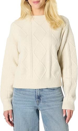 Amazon Essentials Women's Relaxed-Fit Cable Crewneck Sweater, Oatmeal Heather, XX-Small