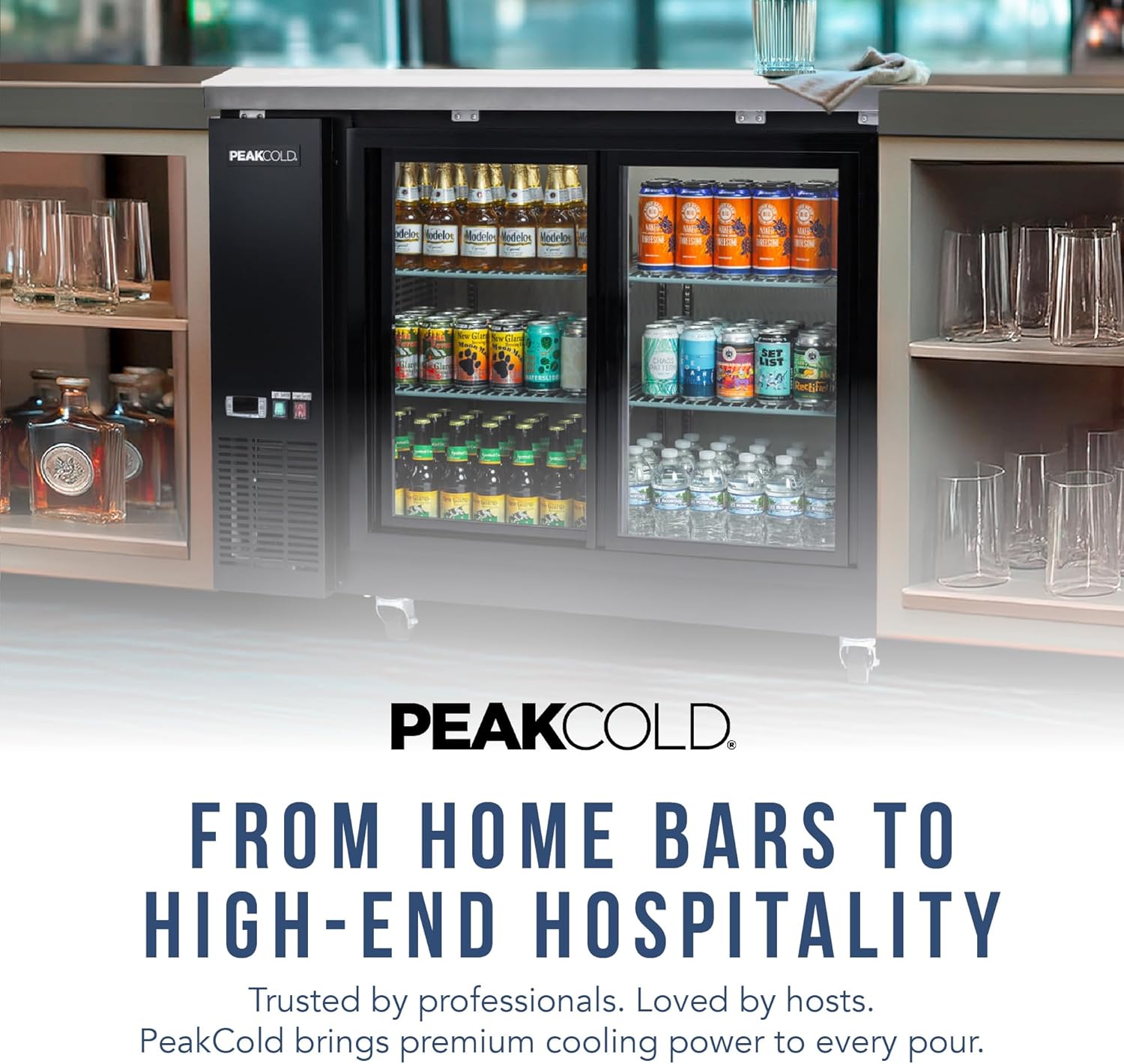 PEAKCOLD Sliding 2-Door Counter Height Beverage Refrigerator - 49" Wide Energy Efficient Black Beer Fridge With Glass Doors & White LED Lighting - Commercial Back Bar Cooler