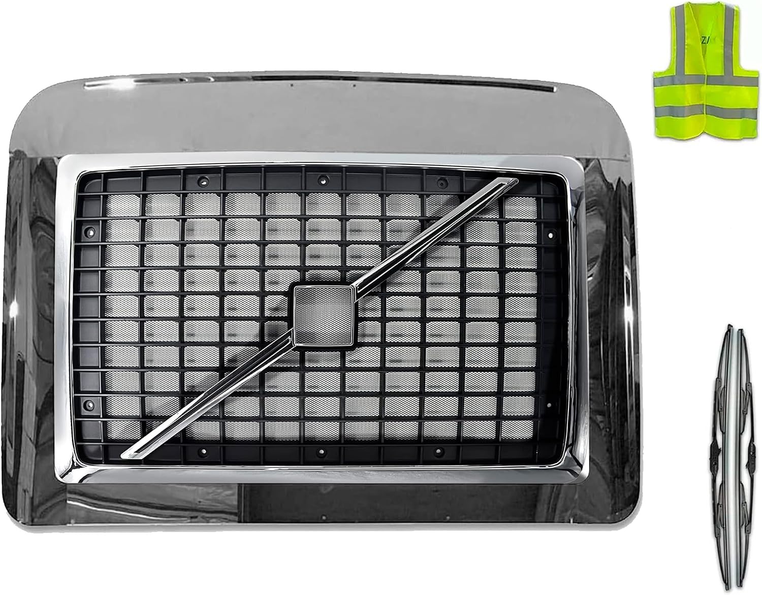 KOZAK Grille with Bug Screen Shield with Grill Emblem Logo and Stripe Chrome Bug Deflector compatible with Volvo VNL 2004-2017 780 680 VNL VNM VN Truck, 2x 22 inch Windshield Wipers and Vest