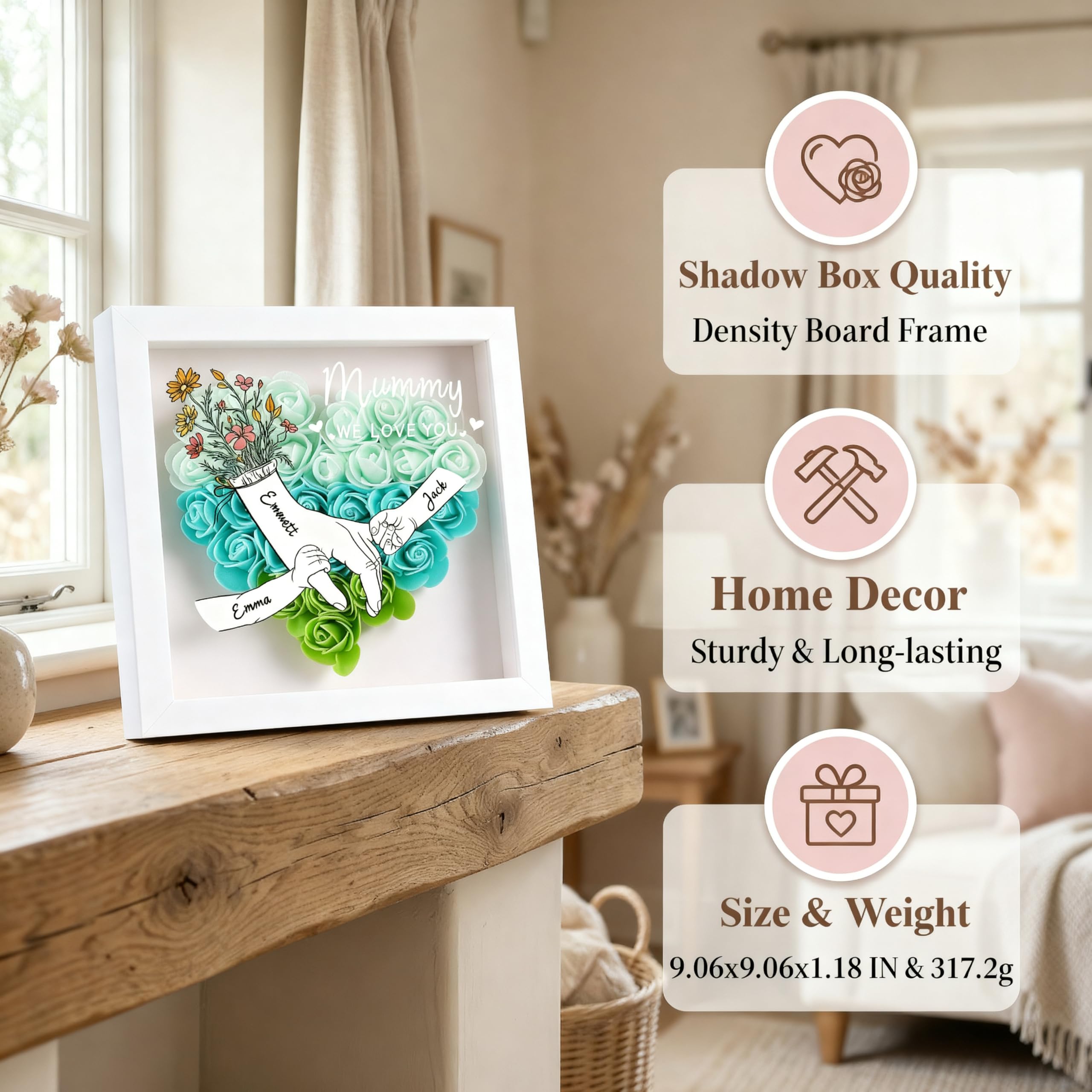 kaululu Regalo Festa della Mamma, Cornice Decorativa Personalizzata con Rosa e Incisione Nome Regalo Personalizzato per Donna (A-Verde)