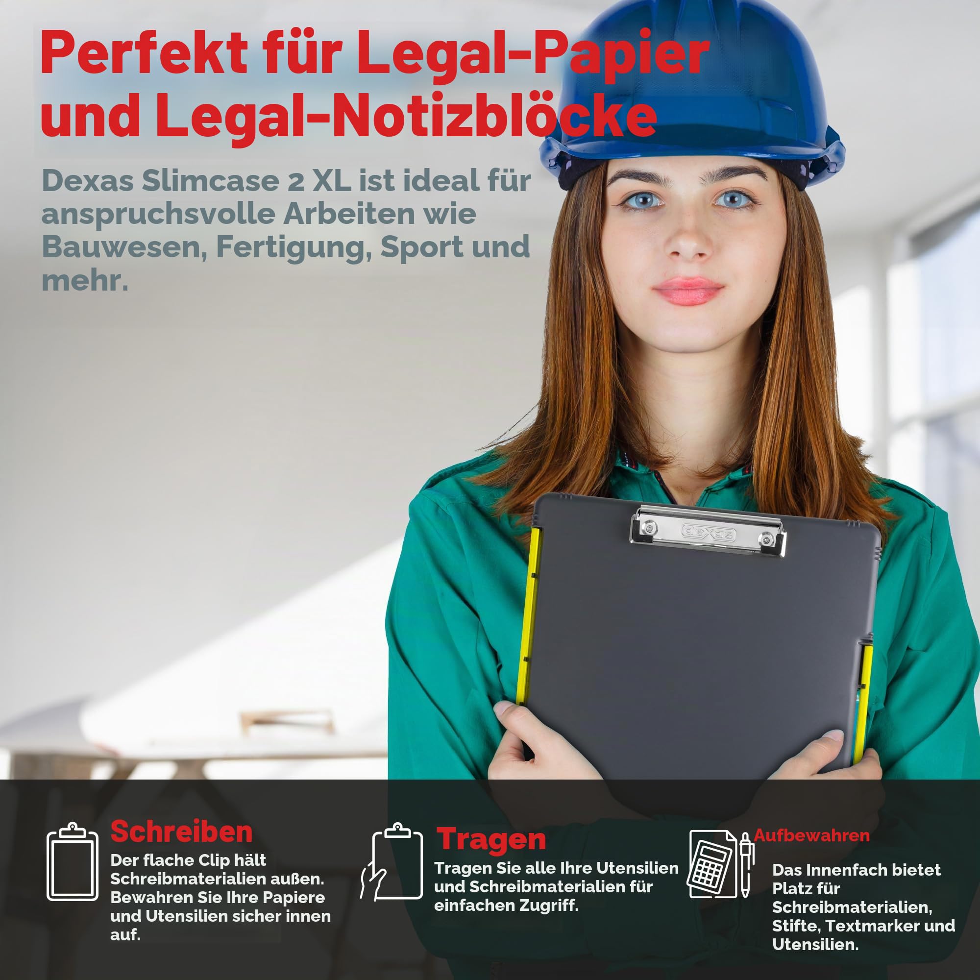 Dexas XL Slimcase 2 Klemmbrett zur Aufbewahrung, legale Größe, Kunststoff, Grau mit gelbem Clip, 15.5" x 10.5" x 1"