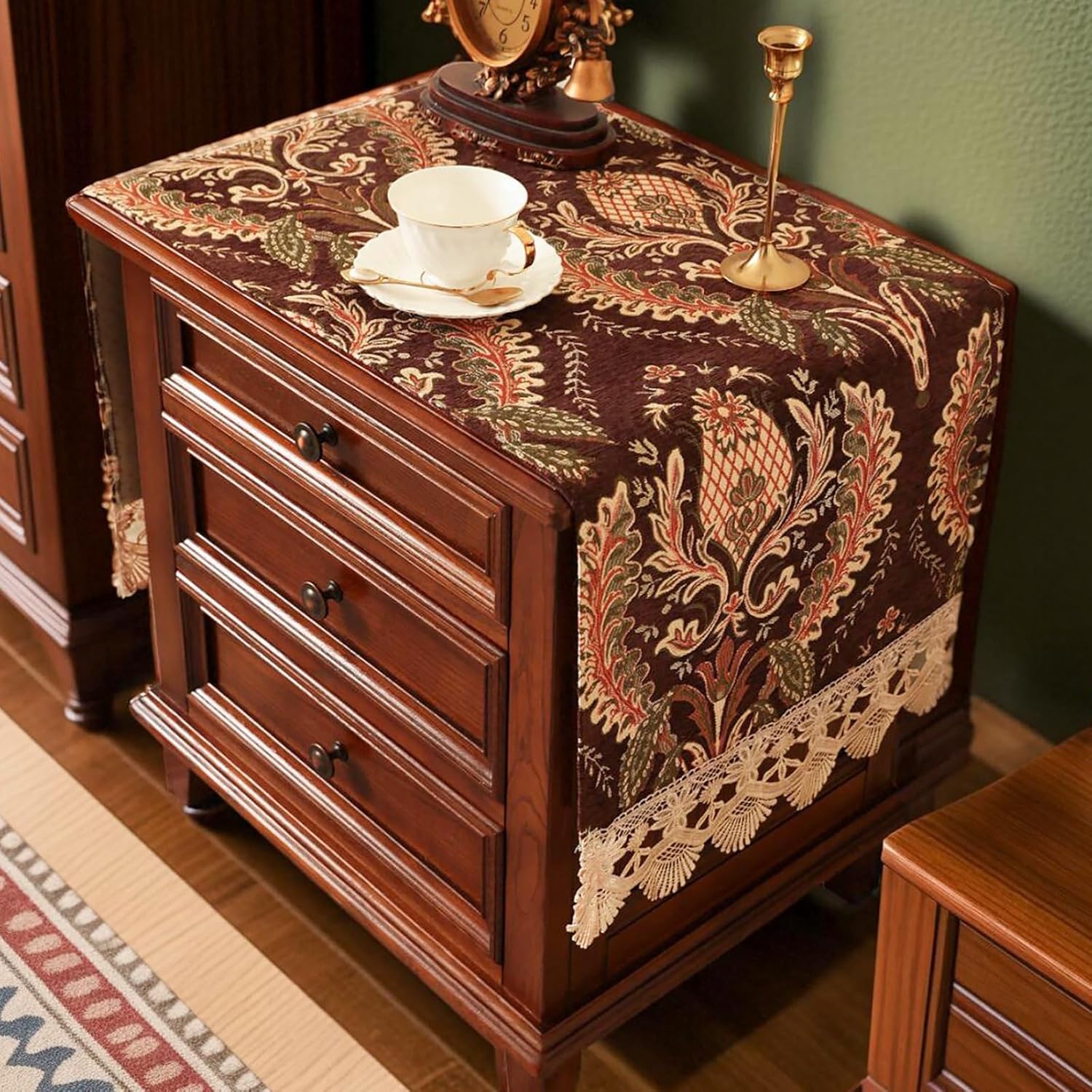 Nightstand Cover with Lace Trim Floral Pattern :Slip-Resistant Dustproof Table Cover for Bedroom & Living Room Furniture, Coffee Table, Side Table(Mdlz Dark Brown Floral,51.2" L x 15.7" W)