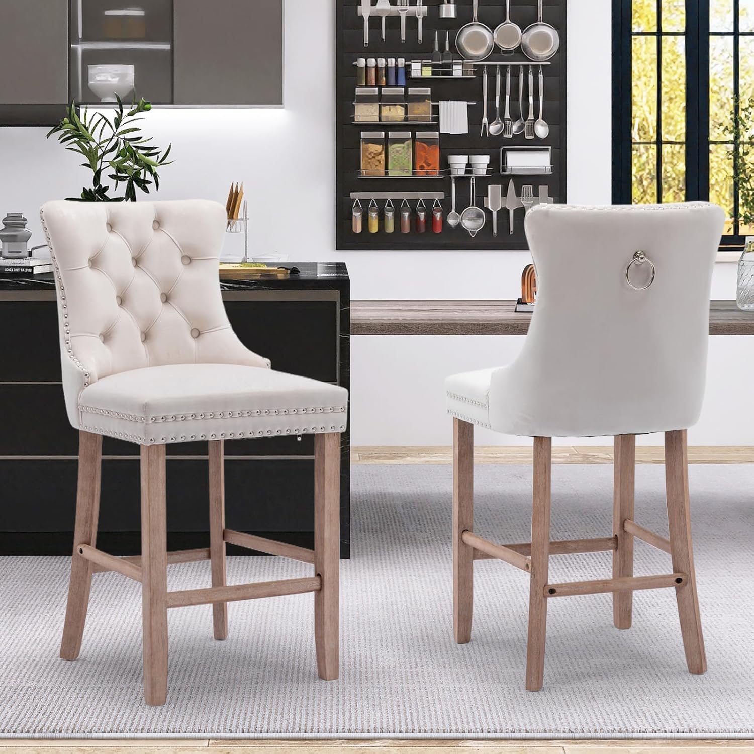 Bar Stools Set of 2,Velvet Upholstered Counter Height Bar Stools with Back,Modern Kitchen Island Chairs with Wood Legs Nailhead Trim for Kitchen/Dining Room/Bar,Beige