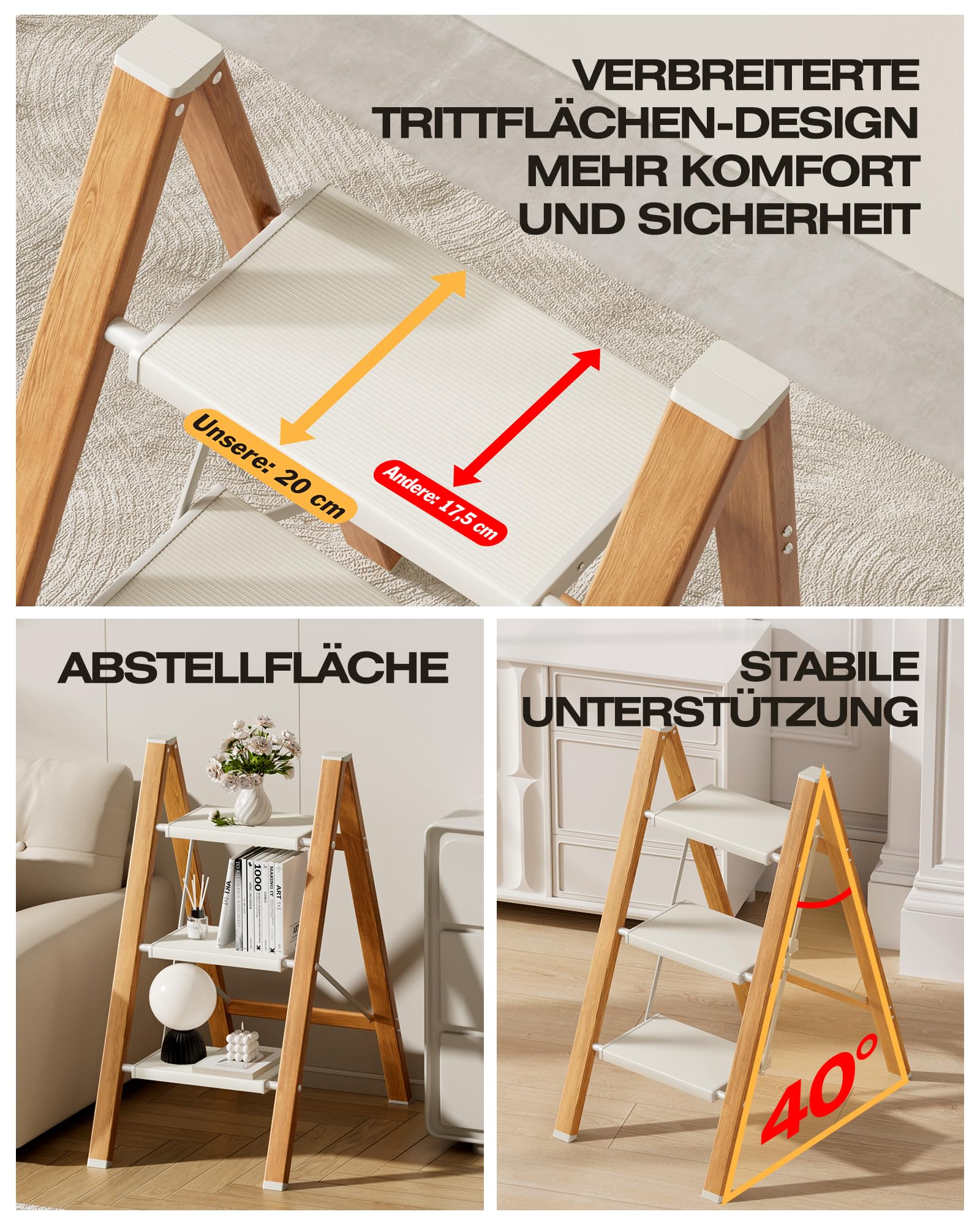 Trittleiter 3 Stufen klappbar,150 kg Kapazität mit Anti-Rutsch-Pedal,Tragbarer Tritthocker aus Alu,einfach zu verstauen,Innen- und Außenbereich, ästhetisches Aussehen,Weiß Holz