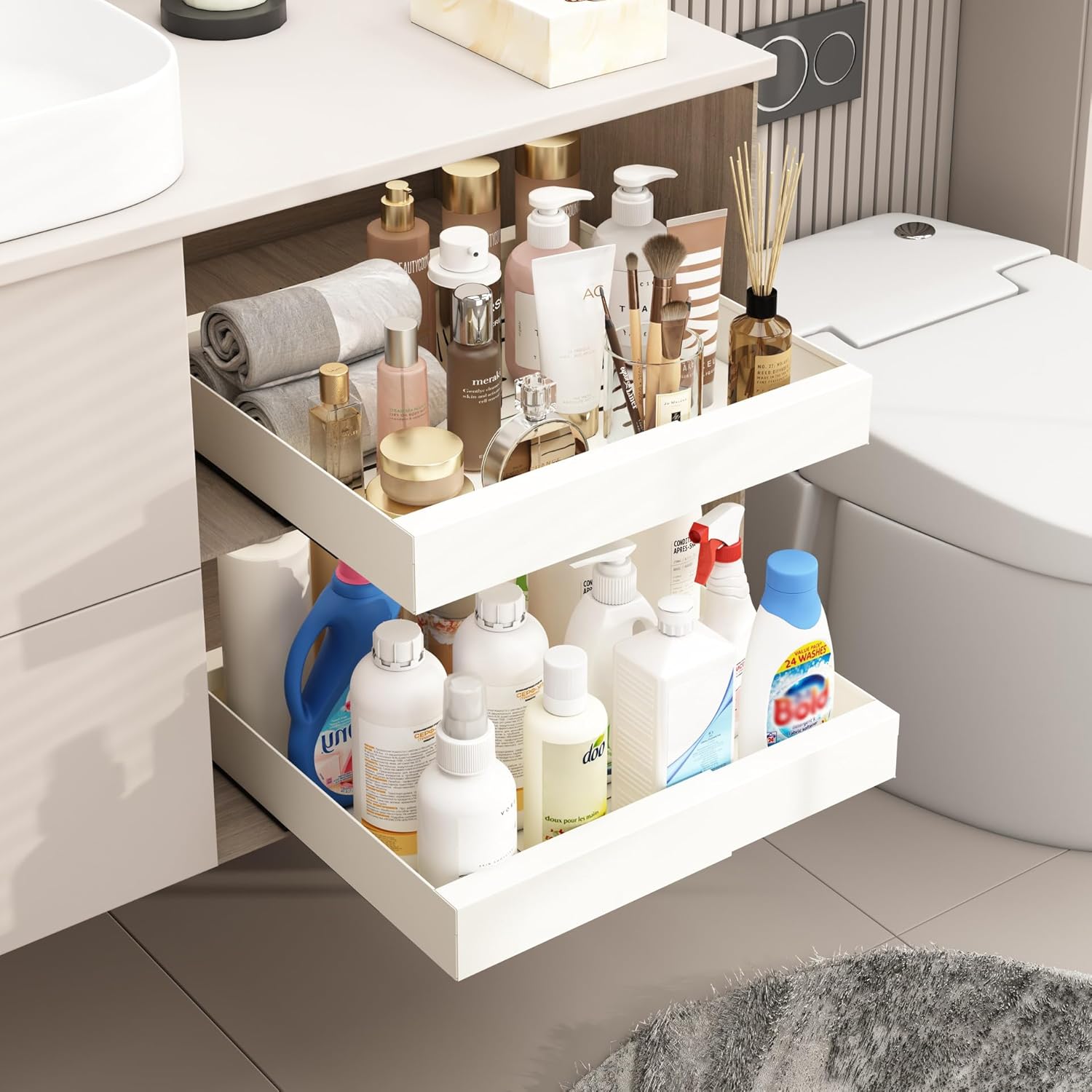 Expandable Pull Out Cabinet Organizer, Under Sink Spice Rack Organizer for Cabinet Drawer, Slide Out Organizer Rack with Adhesive Nanofilm, for Kitchen,Bathroom, White, 1PC, 12"-20.5" Width