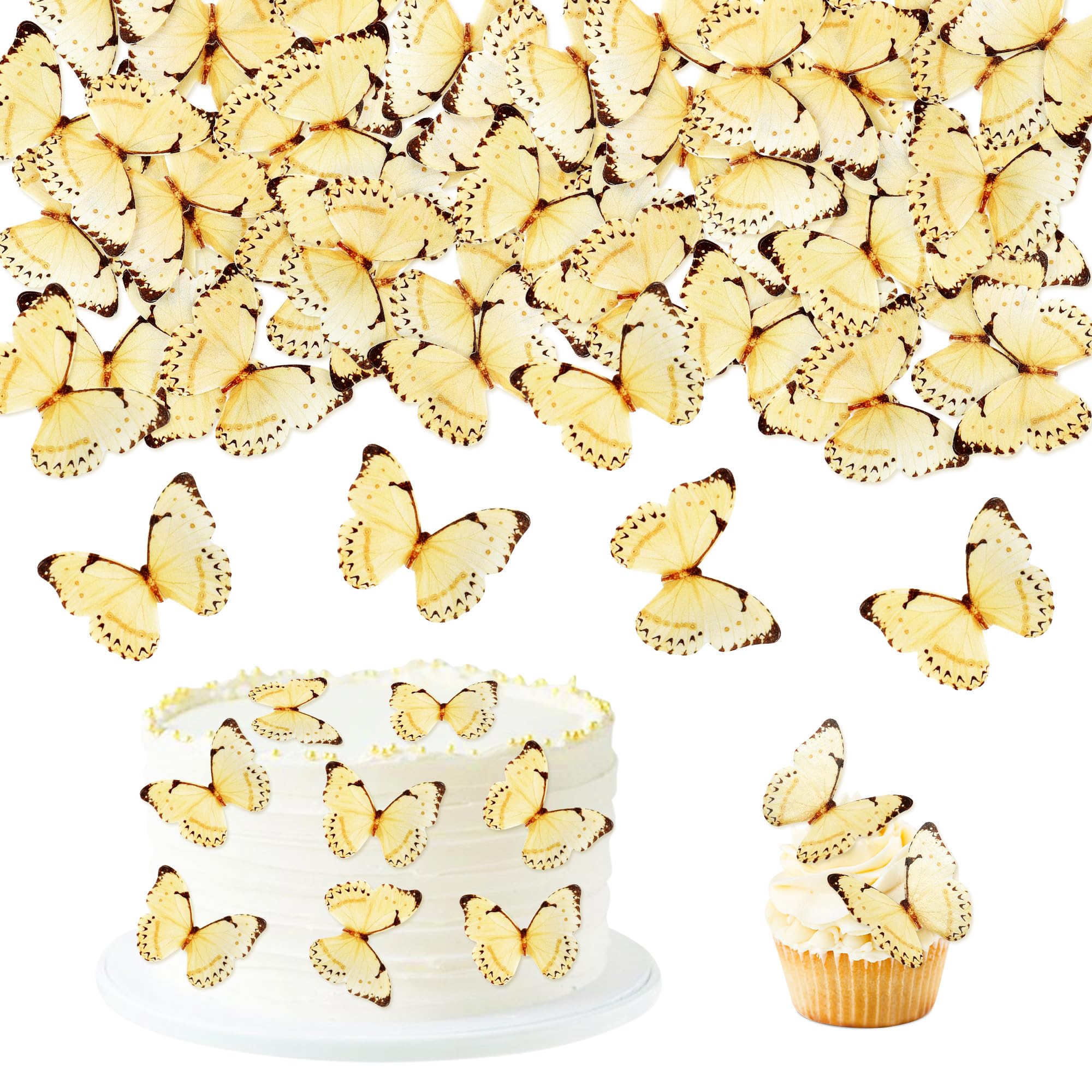 Ercadio 40 PCS Edible Yellow Butterfly Cupcake Toppers Butterfly Cupcake Picks Edible Butterfly Cupcake Drink Topper Decor for Butterfly Theme Baby