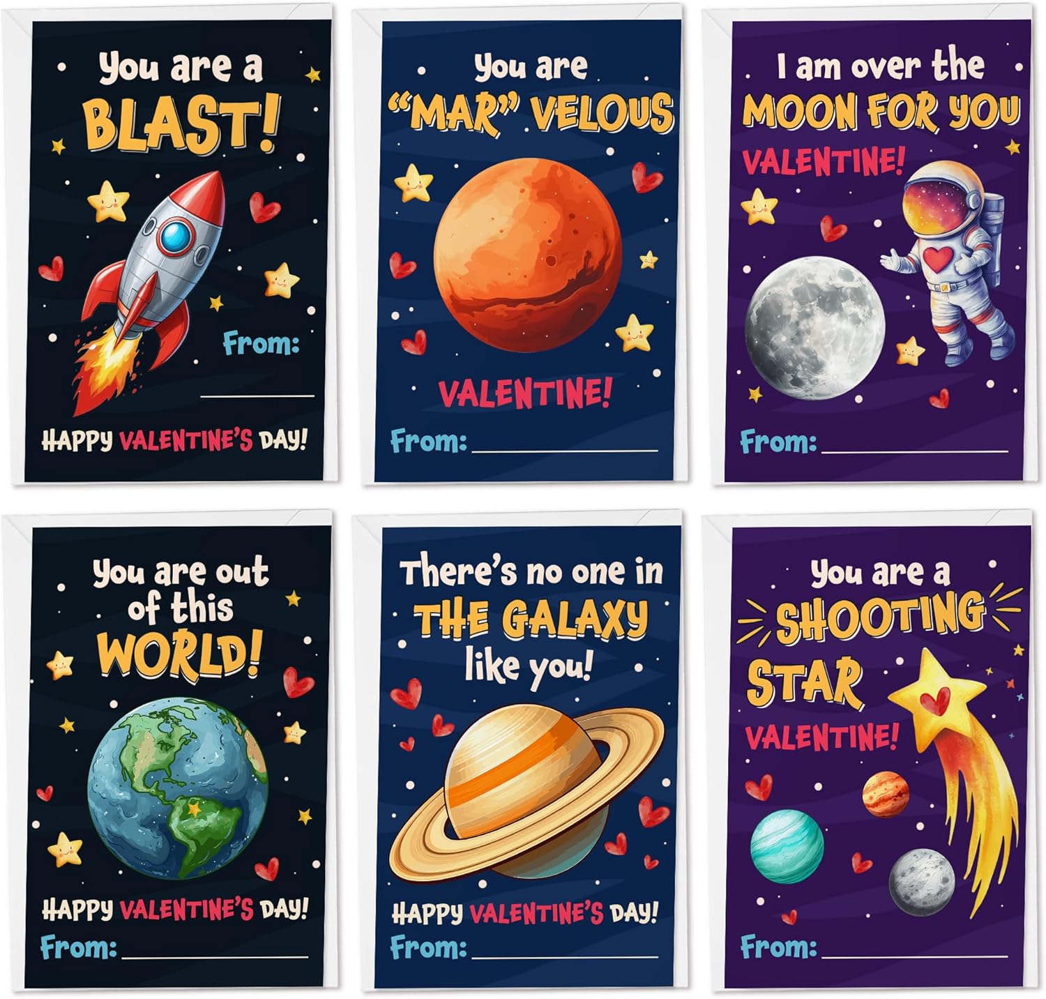 Valentines Day Cards for Kids - Valentines Day Gifts for Kids Classroom School Party Favors, Boys, Girls - Universe, Planets, Rocket Ship, Galaxy - Flat 3.2''x 4.7'' 6 Designs, 36 Packs Exchange Cards