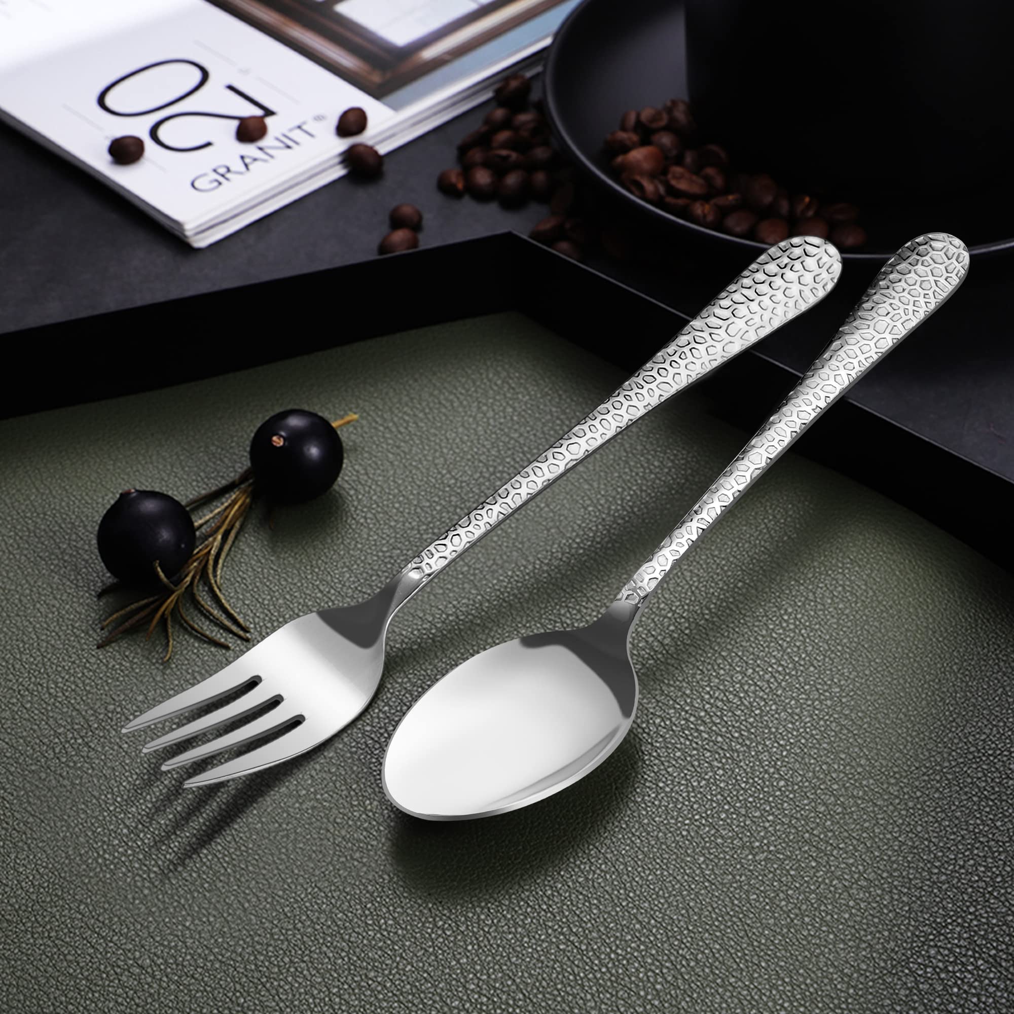 HaWare Ensemble de couverts 72 pièces en acier inoxydable avec couteaux à steak pour 12 personnes, ensemble de couverts modernes avec poignée marteau, couteau, fourchette, ensemble de cuillères pour