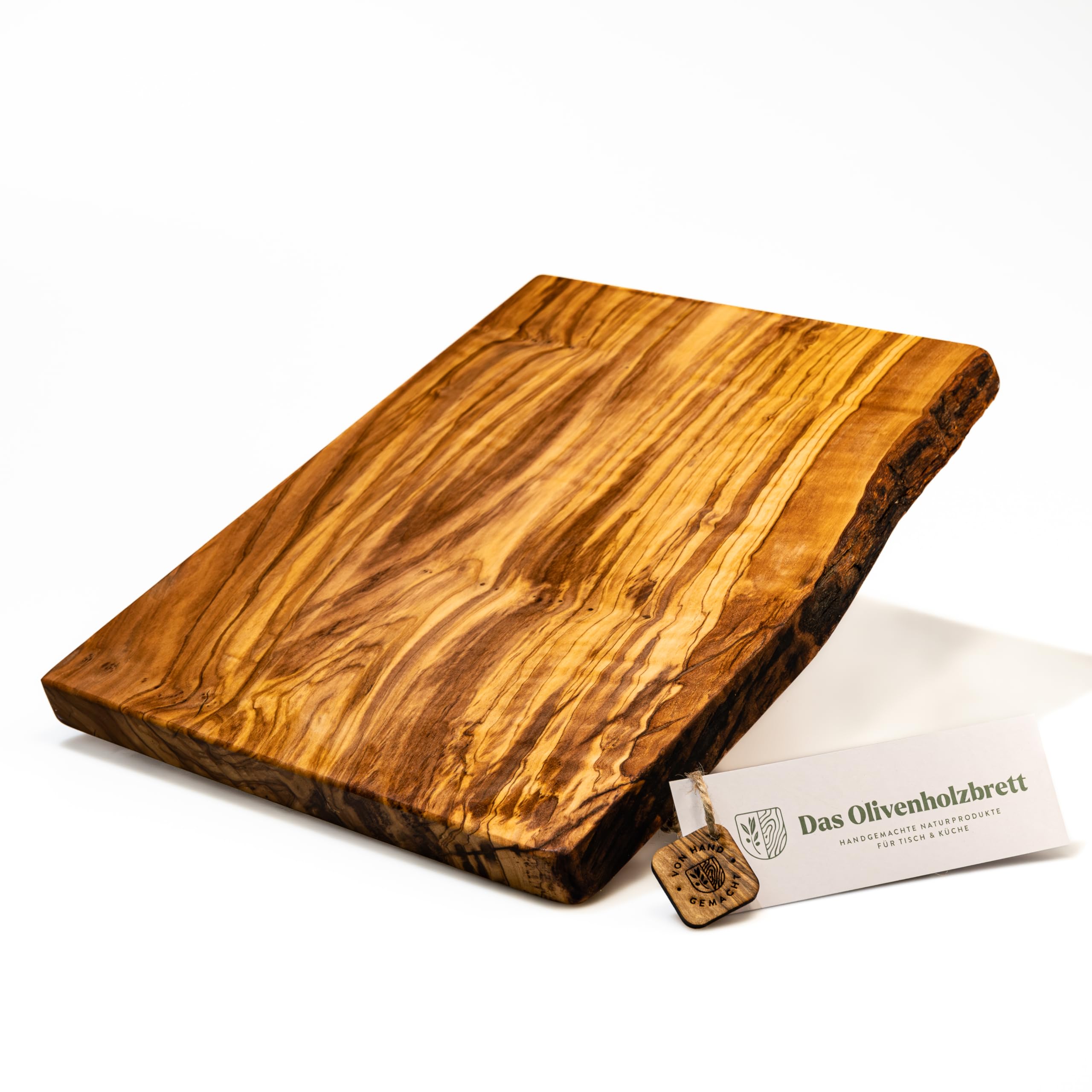 DAS OLIVENHOLZBRETT® Schneidebrett aus Olivenholz xl/Servierbrett aus groß/Tranchierbrett/eine Seite naturbelassen/massives Olivenholzbrett 40cm x30cm x2,5cm | großzügiges Servierbrett, eine Seite naturbelassen, Tranchierbrett, massives Olivenholzbrett fü