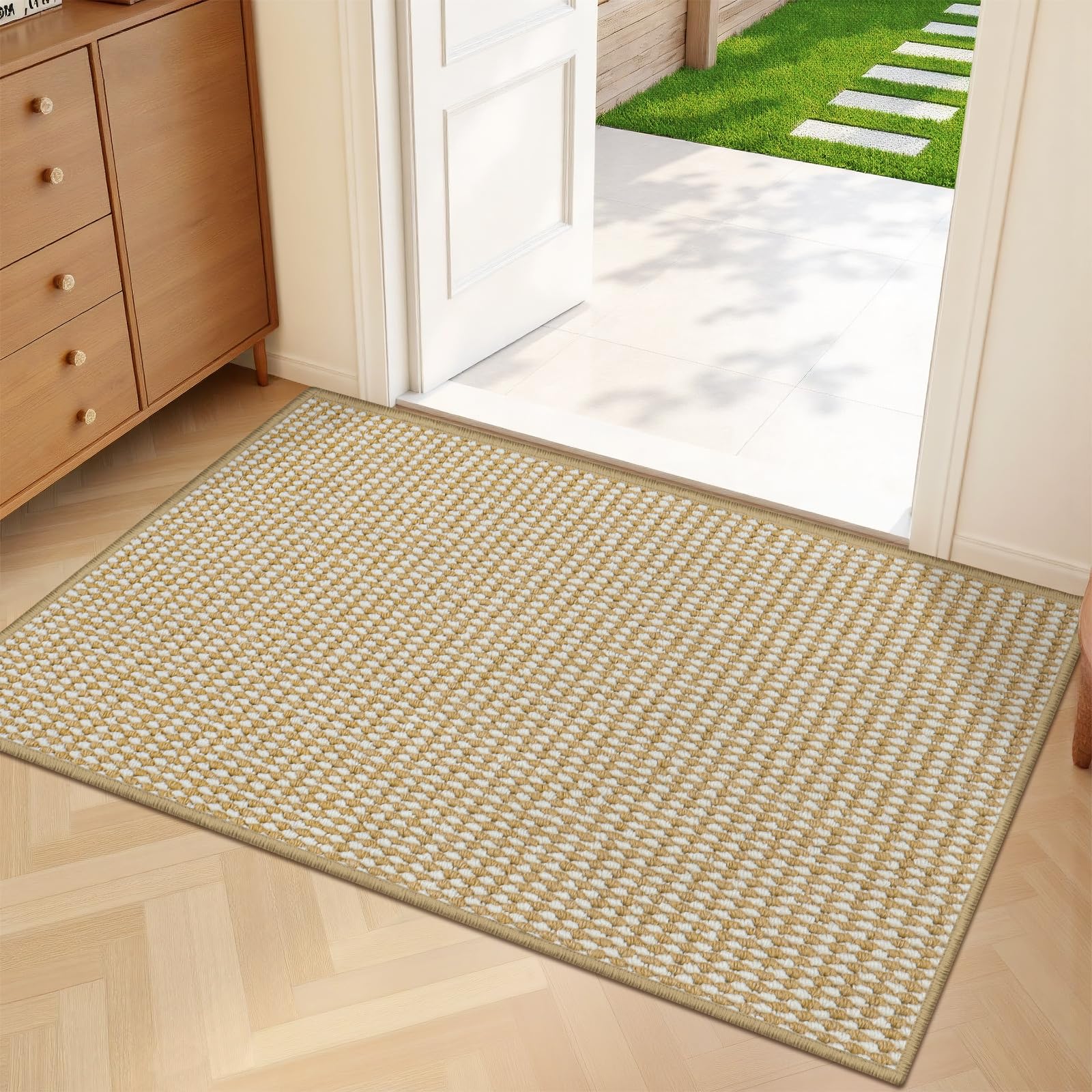 Zerbino per Ingresso 80 x 120 cm, Ultra Sottile Zerbino Interno ed Esterno Assorbente, Lavabile in Lavatrice Tappeto Ingresso Interno Antiscivolo, Tappetino Entrata, Beige Bianco