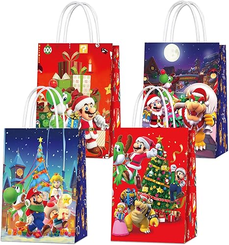 OGHOBLYE Mario - Bolsas de fiesta de Navidad, bolsas de regalo con asas, regalos de fiesta de cumpleaños de Mario Navidad, suministros de decoración