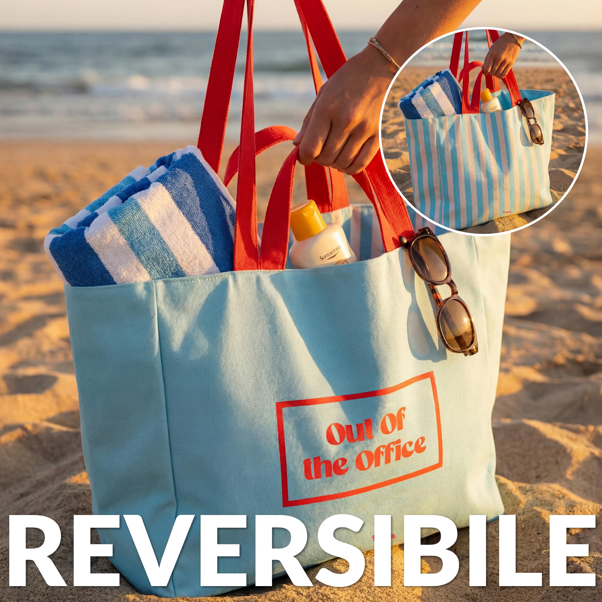 Fisura – Borsa mare “Out of the office”, tote bag donna XXL in cotone reversibile a righe blu, shopper grande per spiaggia, viaggio o spesa, 36 x 31,5 cm