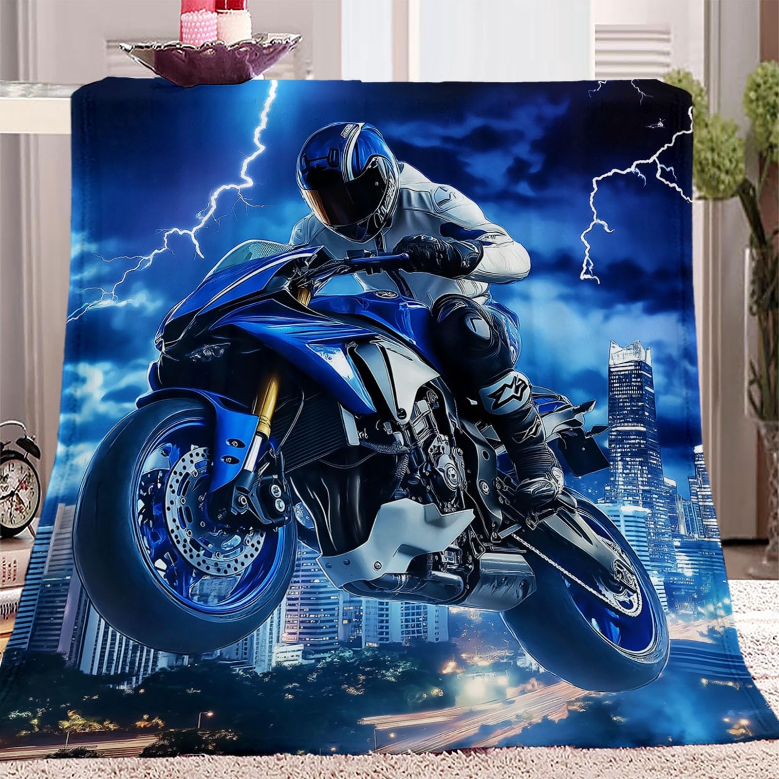 Fantazyjny koc polarowy miasto motocykl drukowany niebieski nadruk miękki puszysty flanelowy łóżko narzuta 220 x 240 cm sofa odpowiednia dla dorosłych i dzieci pozostań ciepły zima