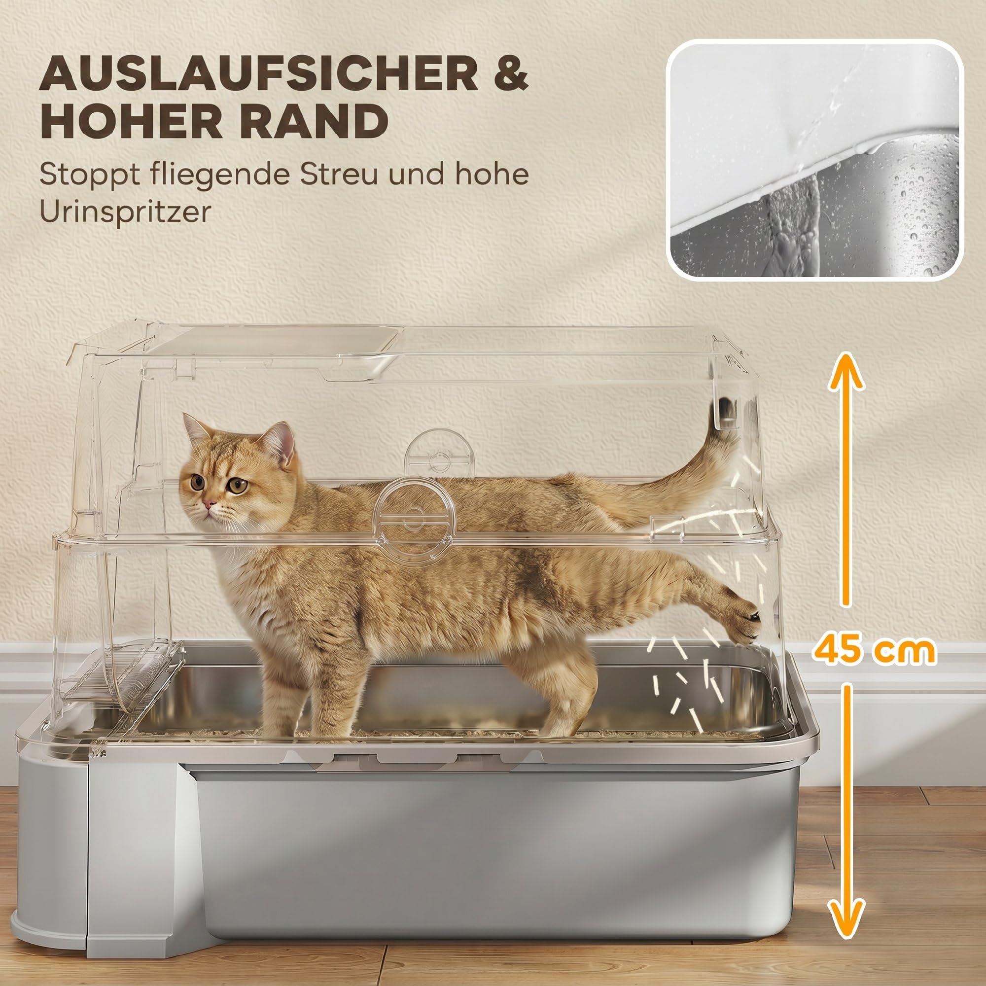 PawHut Katzentoilette aus Edelstahl mit Deckel Herausziehbare Wanne Grau