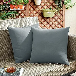 puredown® Outdoor Waterproof Throw Pillows, 16 x 16 Inch Feathers and Down Filled Decorative Square Pillows for Garden Patio Bench, Pack of 2, Grey