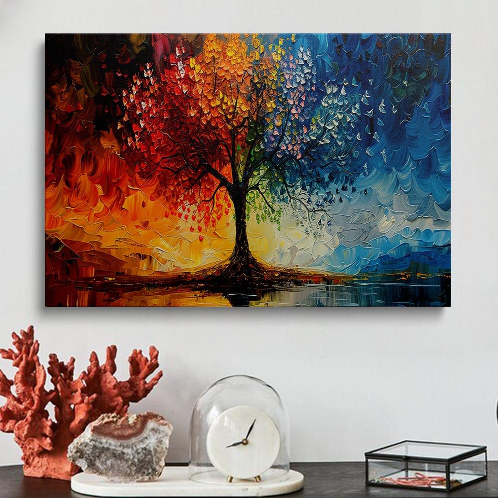 CAOXTART Drzewo życia, sztuka ścienna, abstrakcyjny kolorowy obraz na płótnie na cztery pory roku, tęczowa grafika, do dekoracji domu, plakaty i nadruki (20 x 30 cm, ramka wewnętrzna)