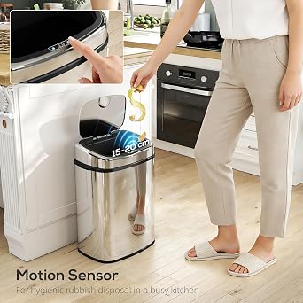 HOMCOM 50L Sensor Bin with Soft-Close Lid Automatic Kitchen Bin Silver Tone