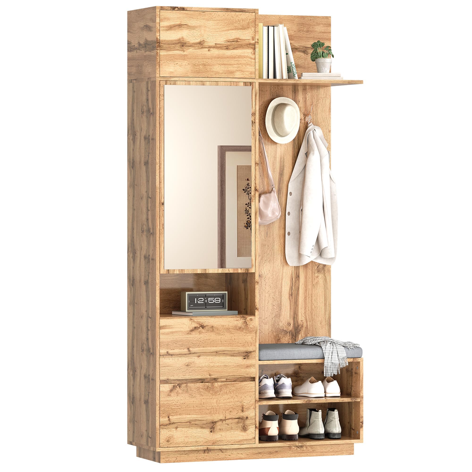 HAINEW Garderoben Set Wandgarderobe mit Spiegel und Sitzbank, Flurgarderobe Set Garderobenschrank mit Schuhschrank, Haken und 1 Schublade, 90×34,5×190cm, HNDE25120109 (Holzfarbe)
