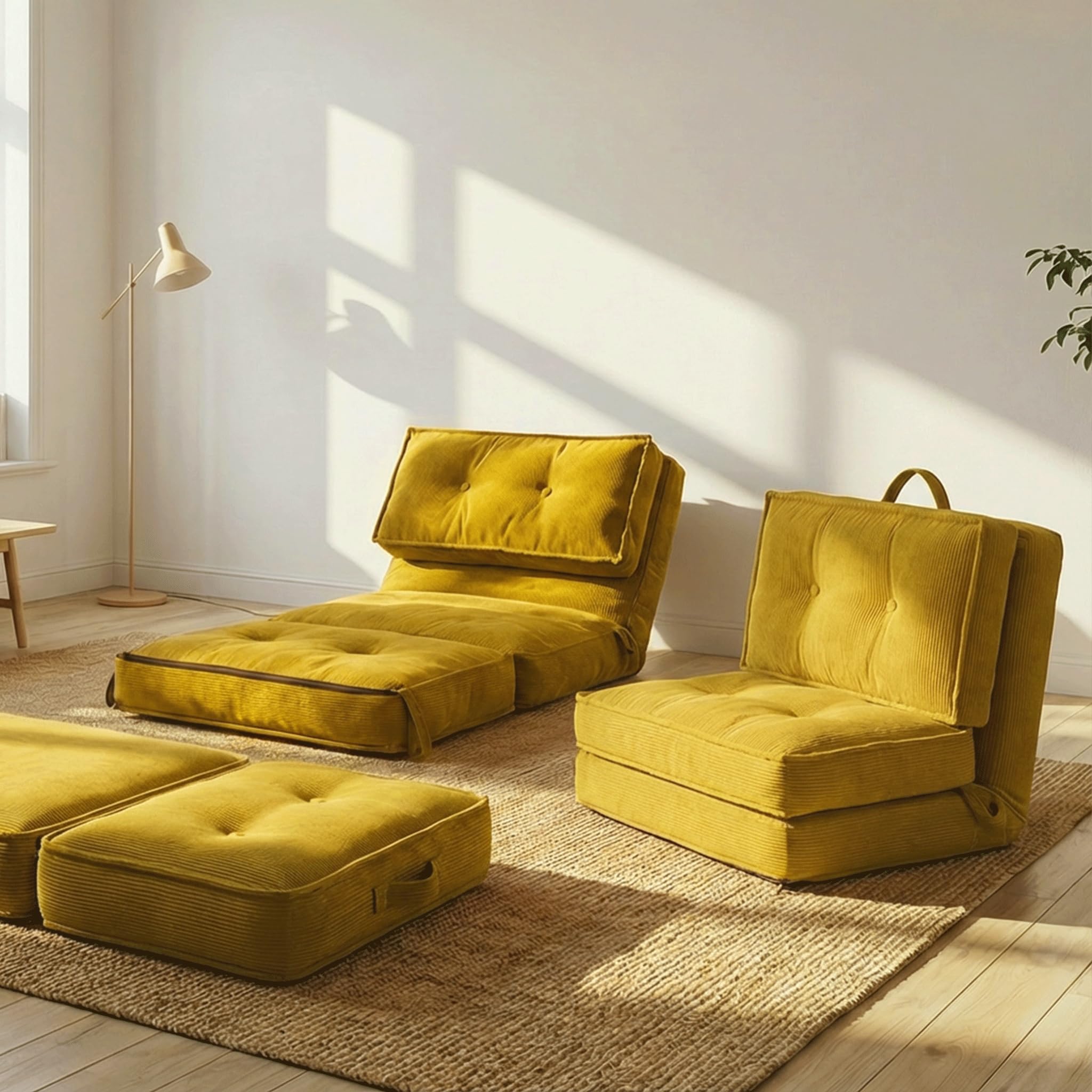 Fabulcozy Poltrona Letto 4-in-1, Schienale Regolabile 5 Posizioni in Velluto a Coste, Struttura in Ferro, Maniglia e Cinghie, Poltrona Multiuso per Soggiorno, Ufficio,Giallo
