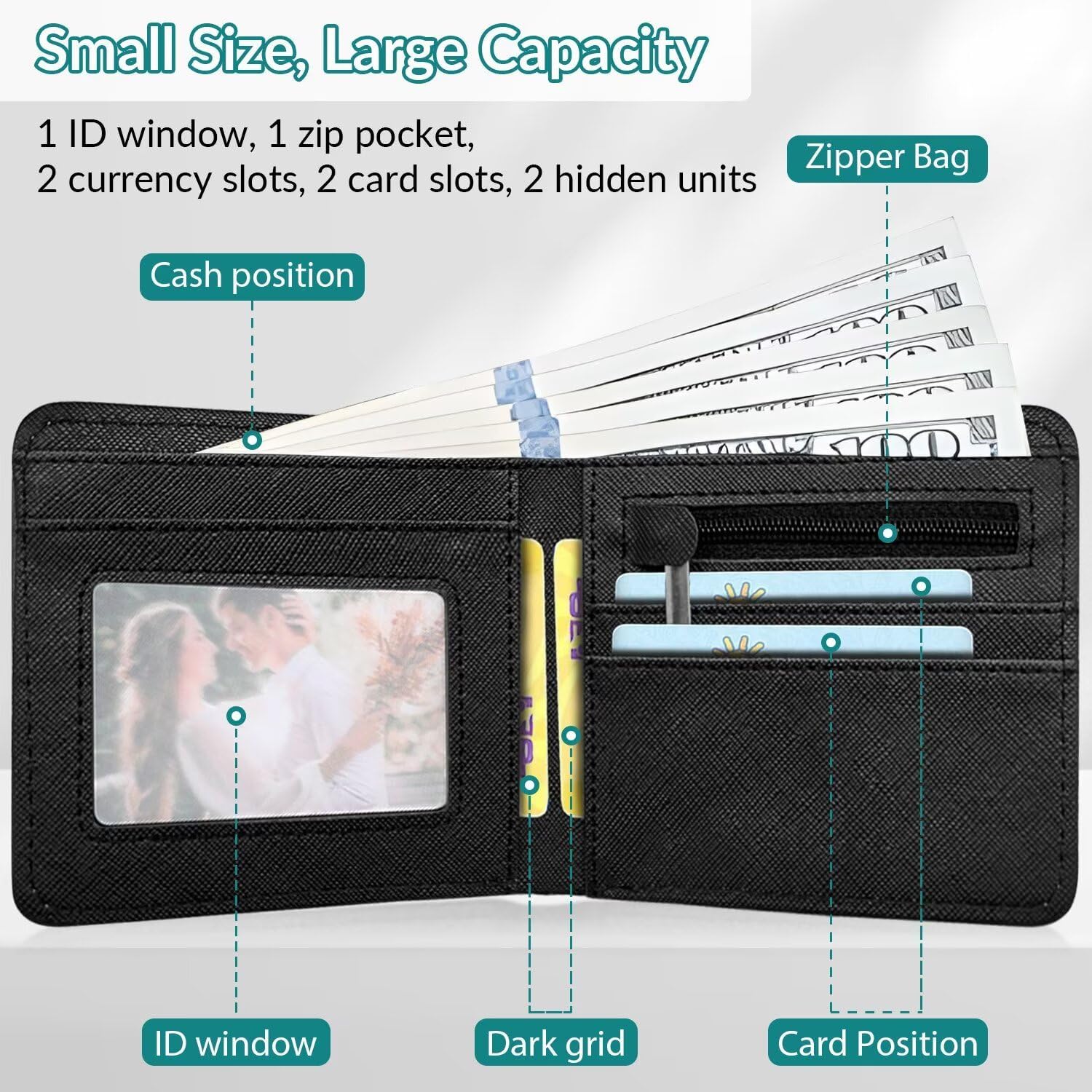 Teen Boys Cool Wallet Funny Leather Wallets Credit Id Card Cash Holder Black Rfid Blocking Zipper Cute Kawaii Aesthetic Wallets With Coin Pocket Id Window For Teen Boy Male Youth Guys Men Teenager - Image 3