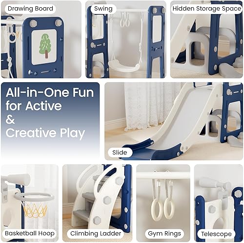 Miniatura 2 de 9 in 1 Toddler Slide and Swing Set with Basketball Hoop, Drawing Board, Rings & Telescope Indoor Outdoor Playset for Kids, Playground Activity