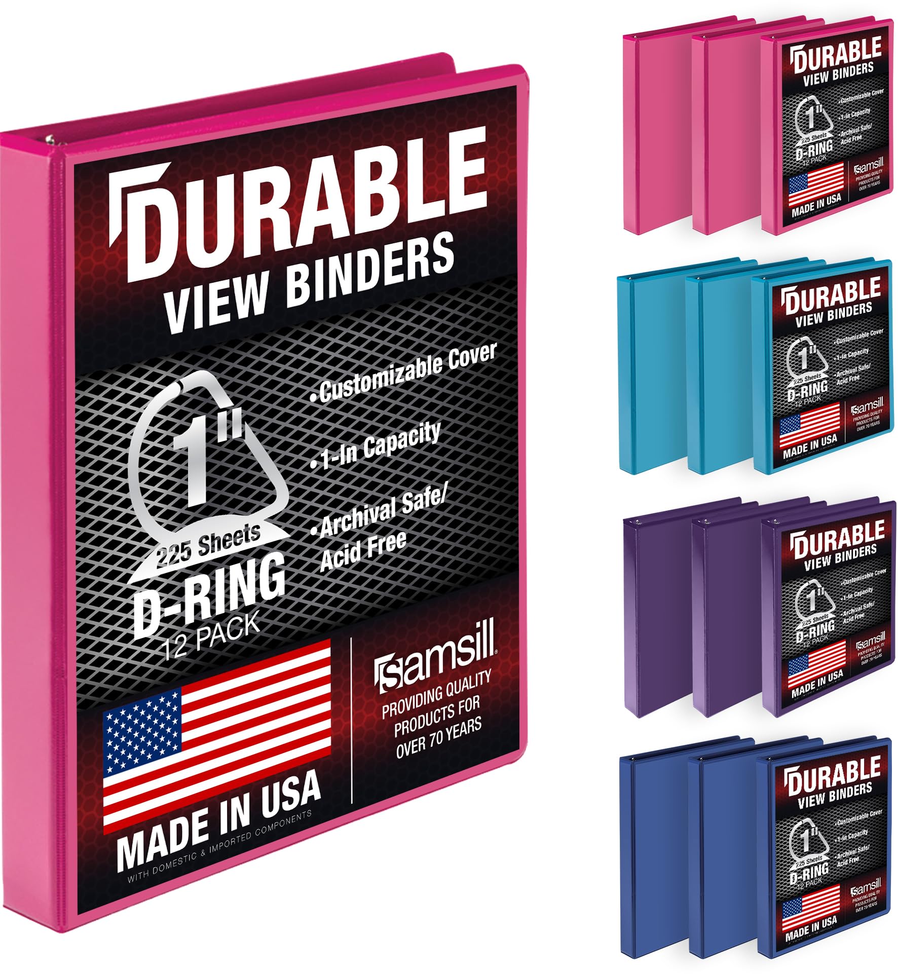 Samsill Durable 1 inch 3 Ring Binder, D Ring Binder, 100% Recycled Chipboard, Fashion Assortment, 12 Pack