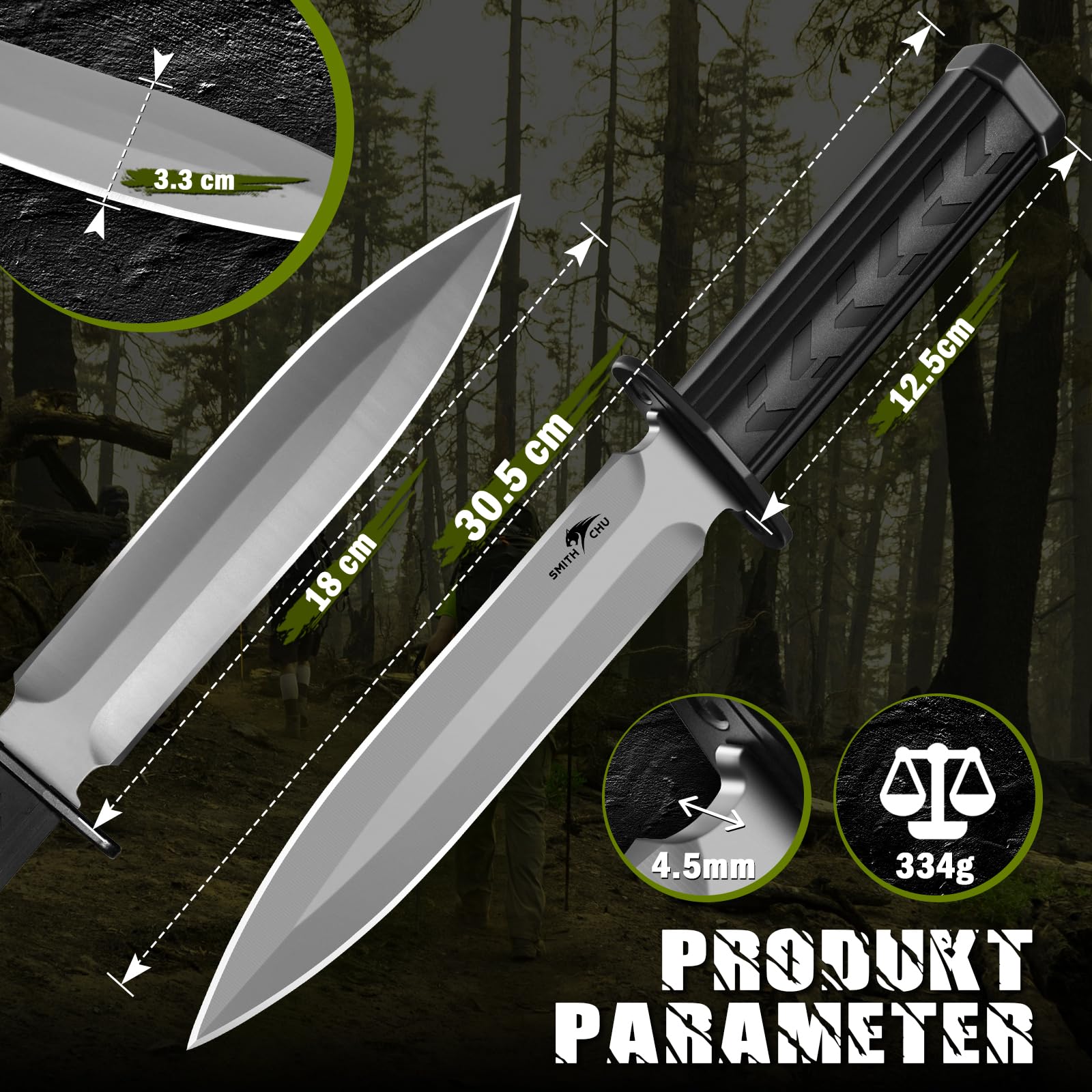 SMITH CHU Outdoor Messer Feststehend, Survival Messer für Trekking Camping, Kydex Scheide mit Schleifstein, Ergonomischer Griff, Schwarz Bushcraft Ausrüstung, Geschenke für Männer