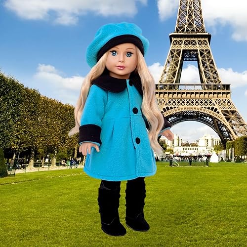 Miniatura 6 de Parisian Stroll - Traje de 4 piezas - Abrigo de forro polar azul con boina a juego, leggings negros y botas - Ropa para muñecas de 18 pulgadas (toll