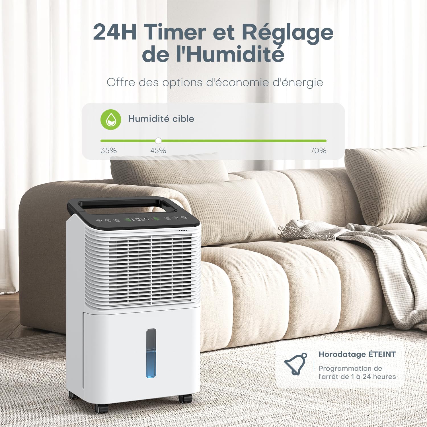 Deshumidificateur d air 16L/jour, Déshumidificateur de Chambre Ultra-silencieux, Contrôle Central Intelligent, Mode AUTO, Indicateur d'humidité, Minuterie 24H, Plus Puissant, Plus Efficace