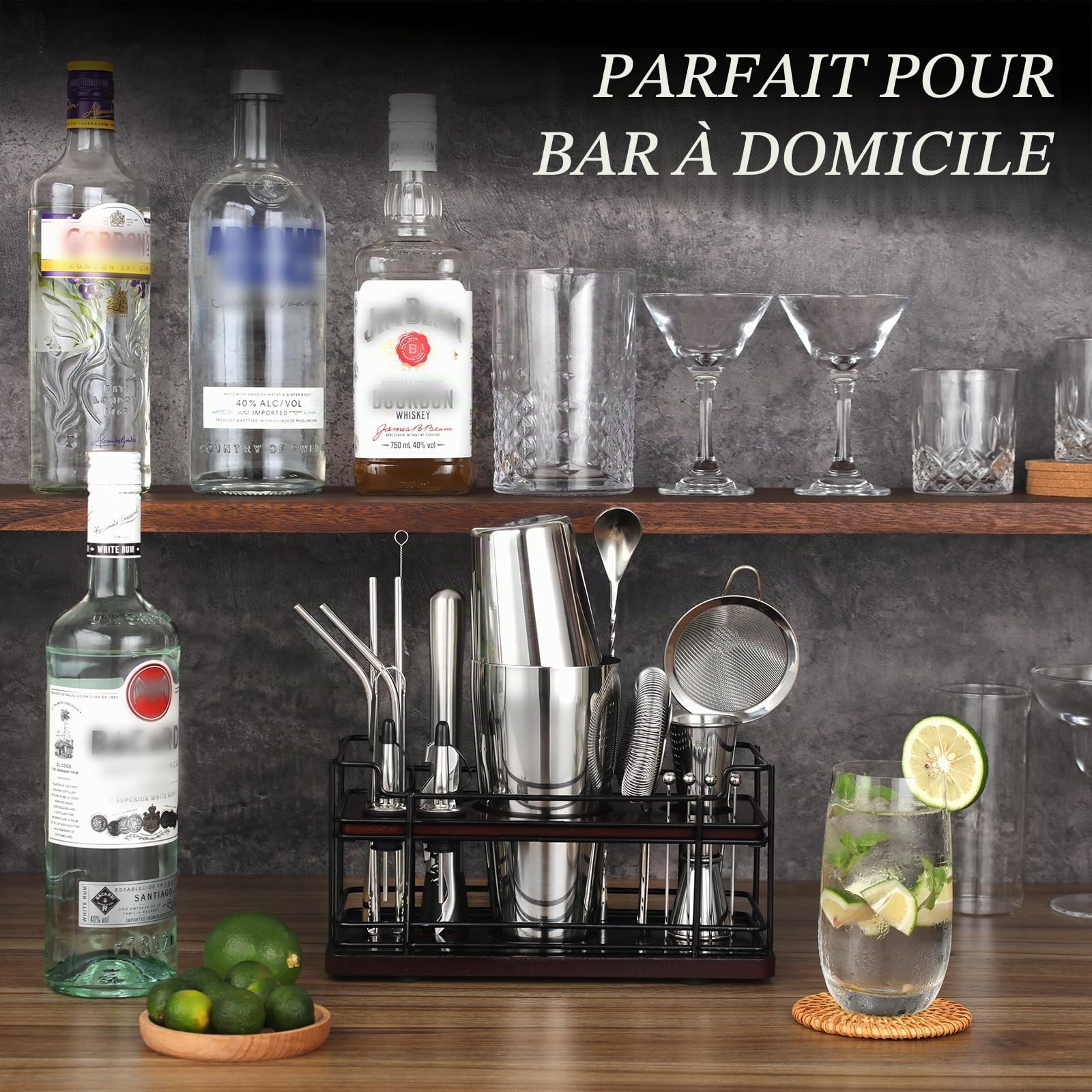 Boston Shaker à Cocktail 20 pièces avec Support, kit Cocktail 825 ML en INOX, Comprenant doseur Cocktail, Pilon et Autres Accessoires Pros, Set Machine à Cocktails pour fêtes, Maison et Bar (argenté)