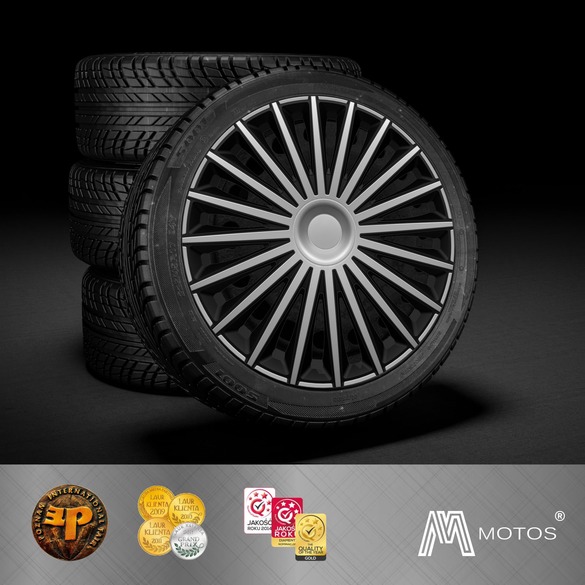 M MOTOS Enjoliveurs 16 Pouces - 4 Pièces Souples et Légers, Facile à Installer, Protection Contre la Décoloration, Noir et Argent, Acrylonitrile Butadiène Styrène