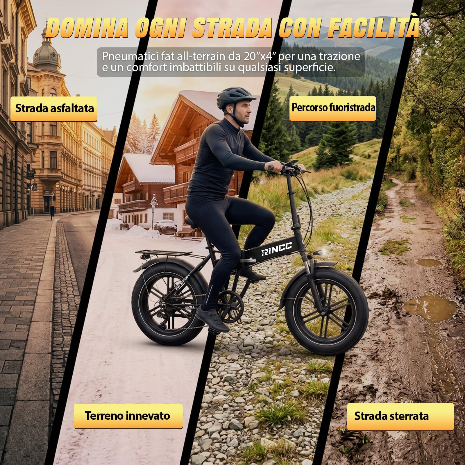RINCC Bici Elettrica Pieghevole, Bicicletta Elettrica da 48V 15Ah Batteria, Autonomia di 80-100 Km,20"×4.0" Fat Bike Elettrica 7 Velocità da per Ogni Terreno,Telaio in lega di alluminio,R200