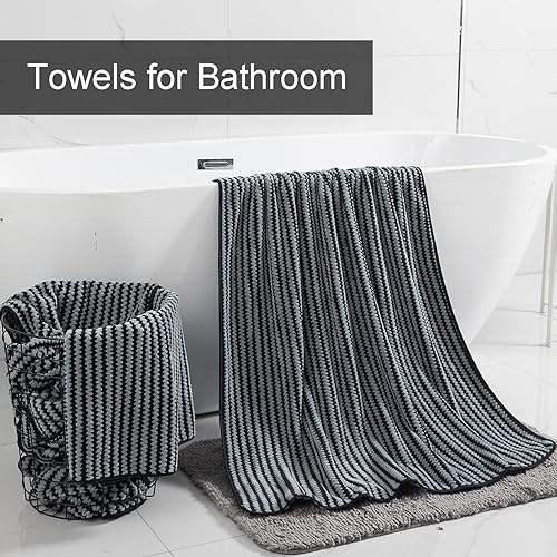 Miniatura 7 de CHINO Juego de 4 toallas de baño extra grandes, color negro, de 35 x 70 pulgadas, suaves, de secado rápido, superabsorbentes, con patrón Wave2,
