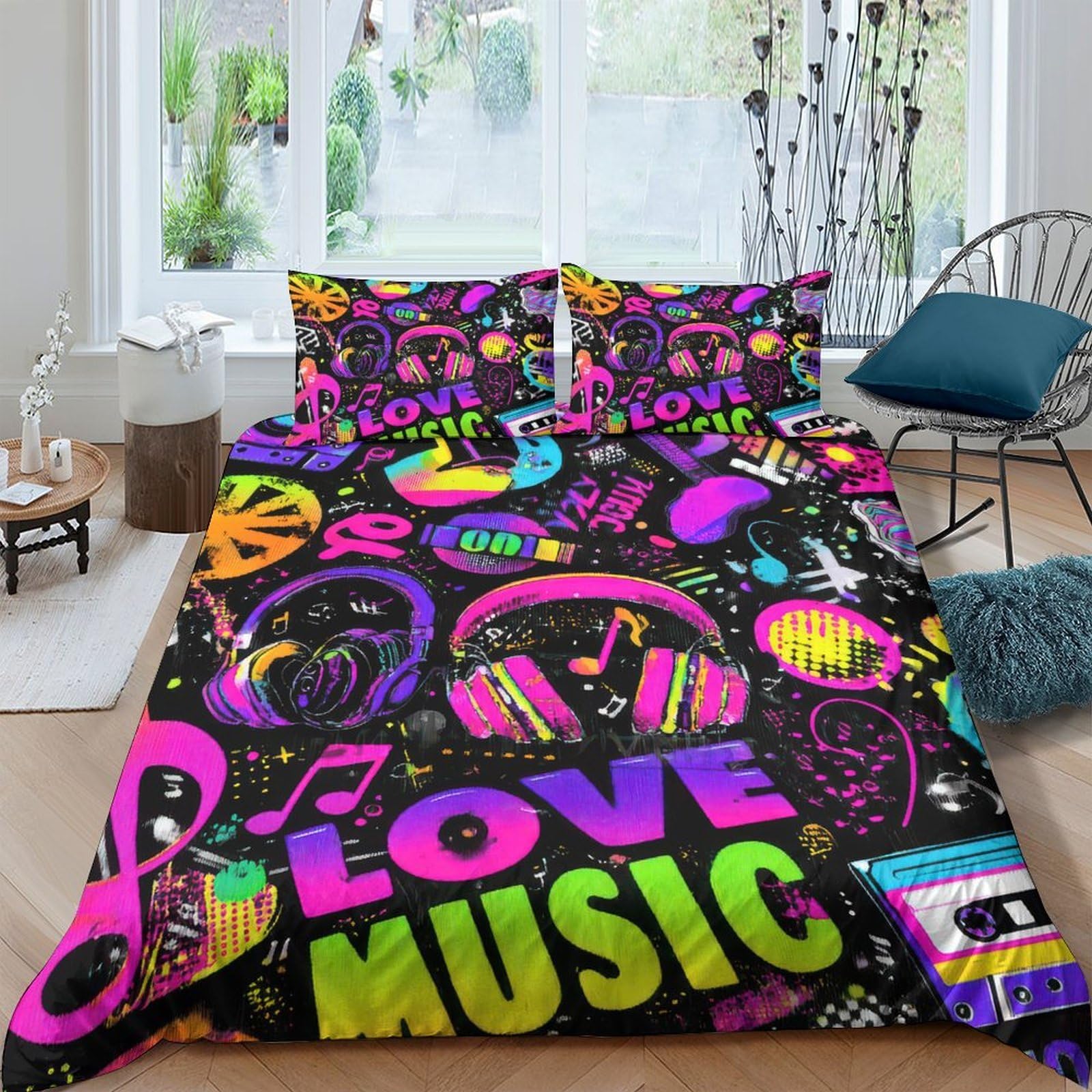 Ctjqhvkz Style-2 3D Printed Colorful Music Graffiti Fitted Sheet Microfiber Bed Cover Headphones Notes For Bedroom Guestroom Decor Single（135X200cm）
