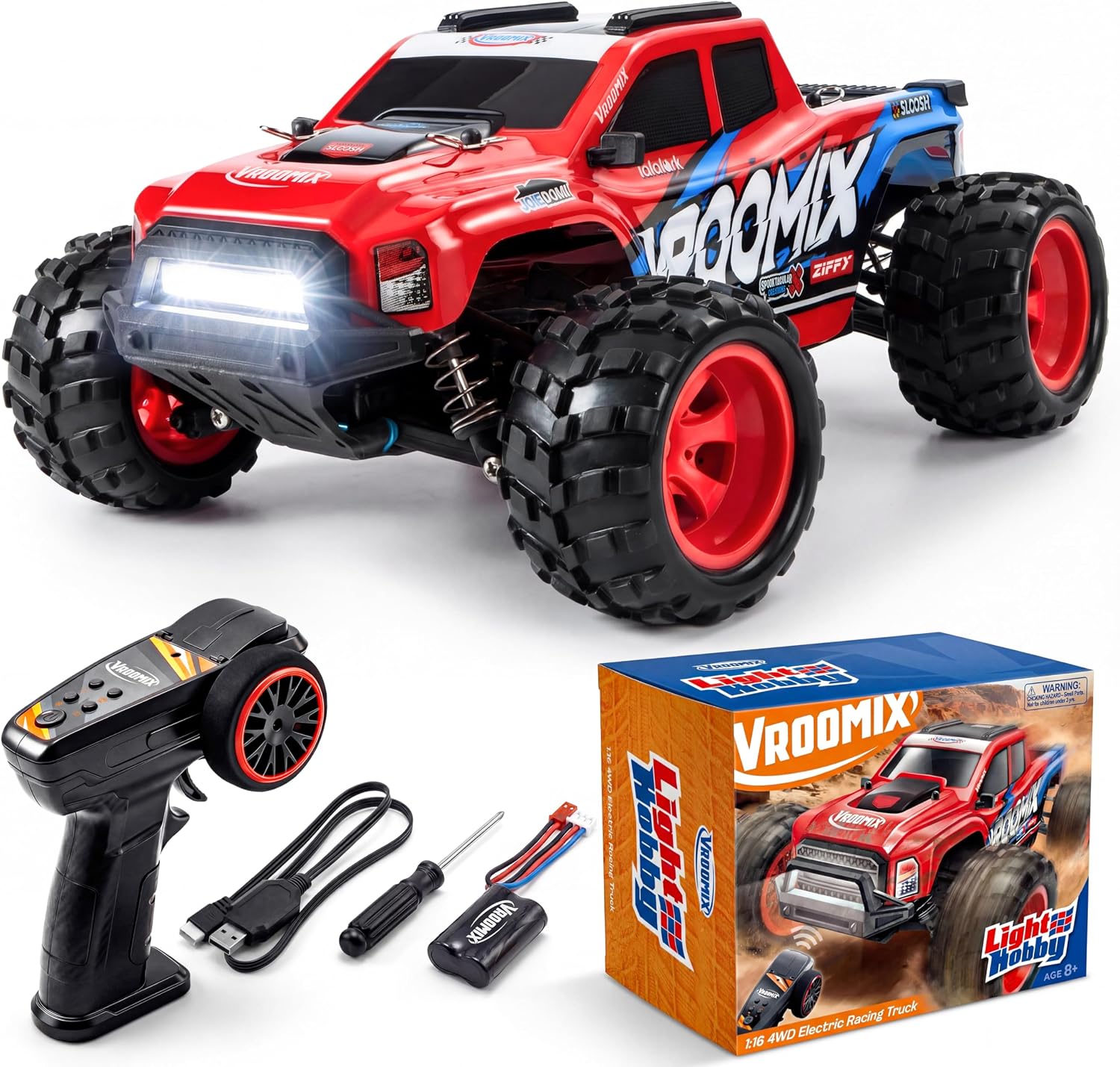 Vroomix 1:16 4WD RC Car, Red Remote Control Light Hobby Racing Monster Truck Toy Gift for Kids, 3 Driving Modes, Up to 28 Mph, 35 Mins, 110 Ft Range, Toy Truck for Boys Age 8-12 & Adults