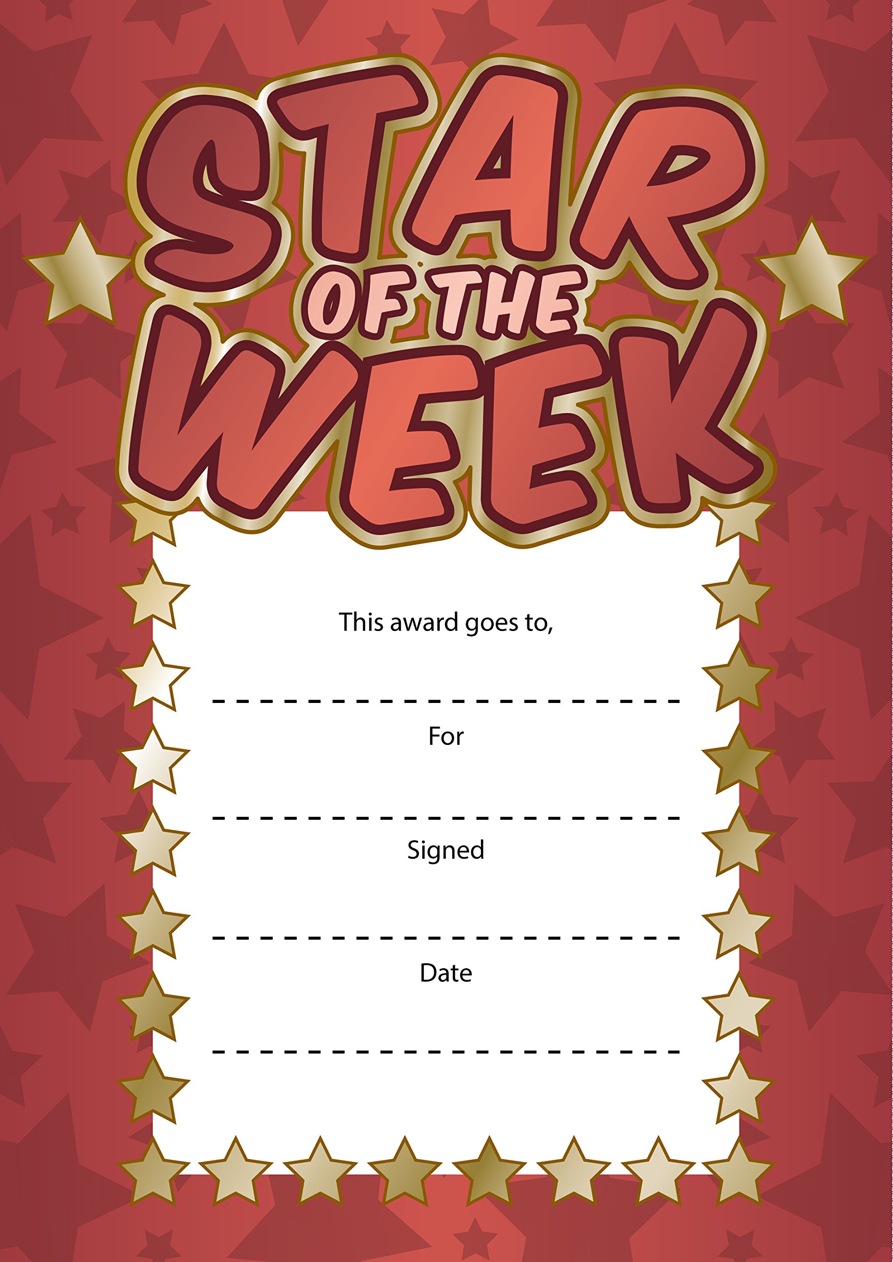 Star of the Week Reward Card - Set of 16 - A6 Size (Red/Gold) - Teachers Reward Certificates