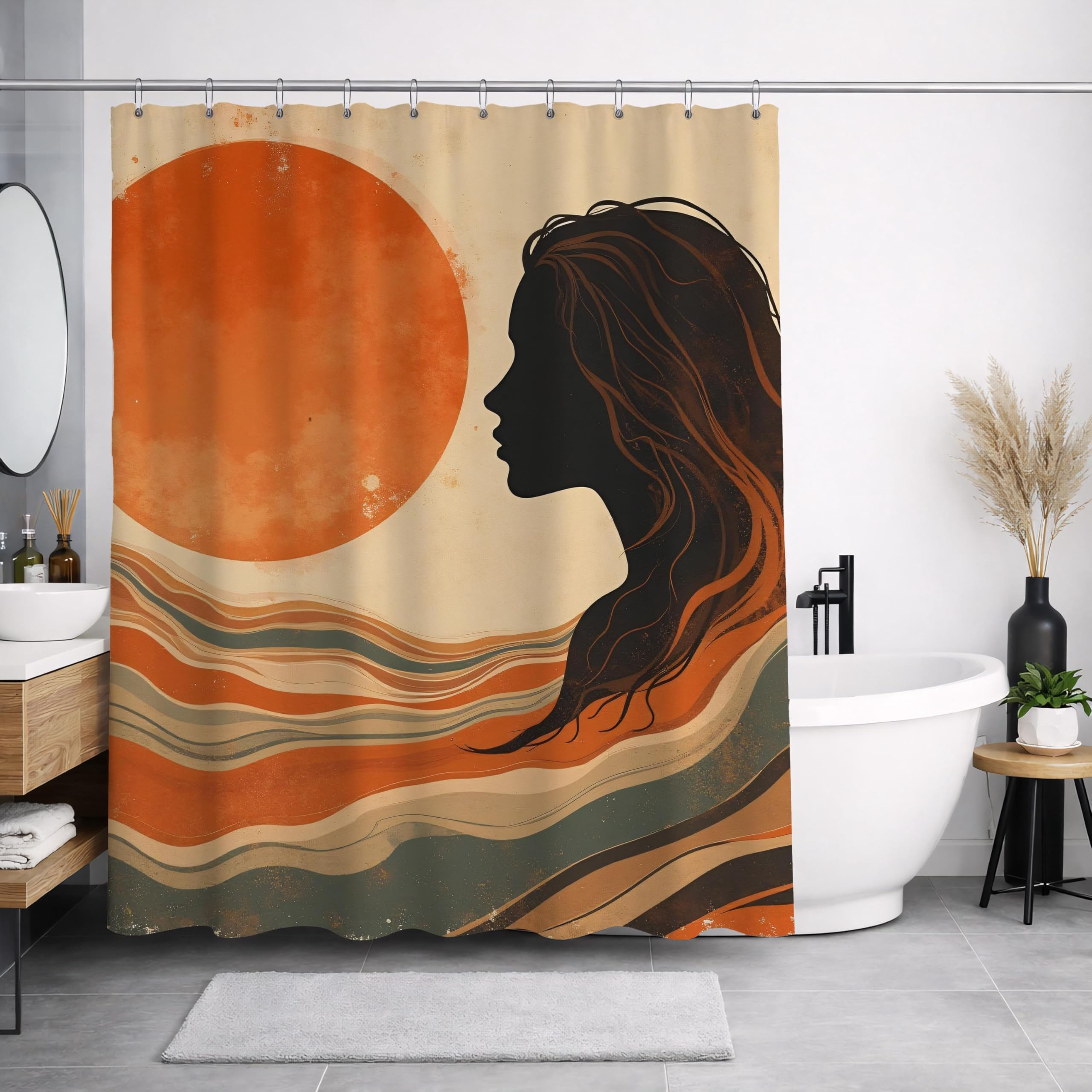 Abstrakcyjna zasłona prysznicowa retro, zasłona prysznicowa z sylwetką kobiety w stylu lat 70., boho, zachód słońca, sztuka krajobrazu, zasłona łazienkowa vintage (230 x 175 cm / 91x69in