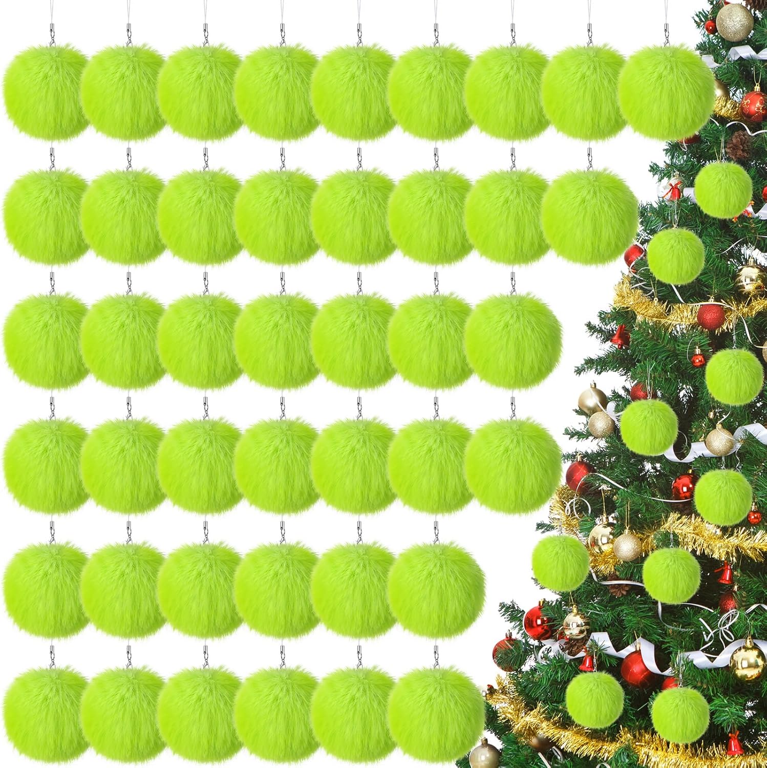 Nuenen 72 Pcs 3.15 Inch Lime Green Furry Christmas Ball Ornaments Christmas Pom Poms Ornaments Faux Rabbit Fur Balls Bulk with Elastic Band for Xmas Tree Decorations DIY Craft Hat Keychain (Green)