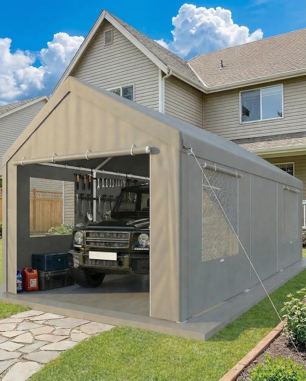 COBIZI Carport 10x20FT Heavy Duty Portable Garage, 3.0 Powder Coated Frame(Better Than Galvanized), Waterproof Shelter with Removable Sidewalls & Windows, Built-in Sandbags, for Car/Boat/SUV, Gray