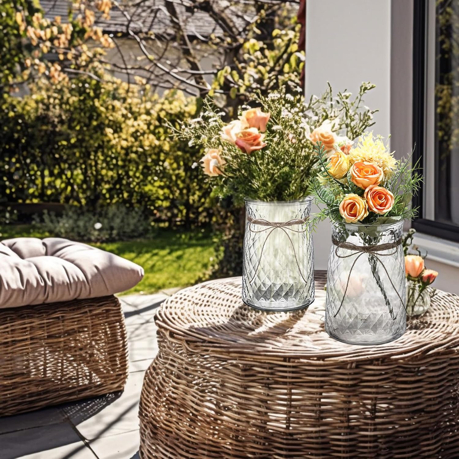 Bokon 6 Pcs 4.3 in Caliber Plastic Vases Bulk for Centerpieces Table 6.3 in Bud Vases Clear Planter for Flower with Rope Design Plant Containers for Wedding Dinning Home Decoration (Clear)
