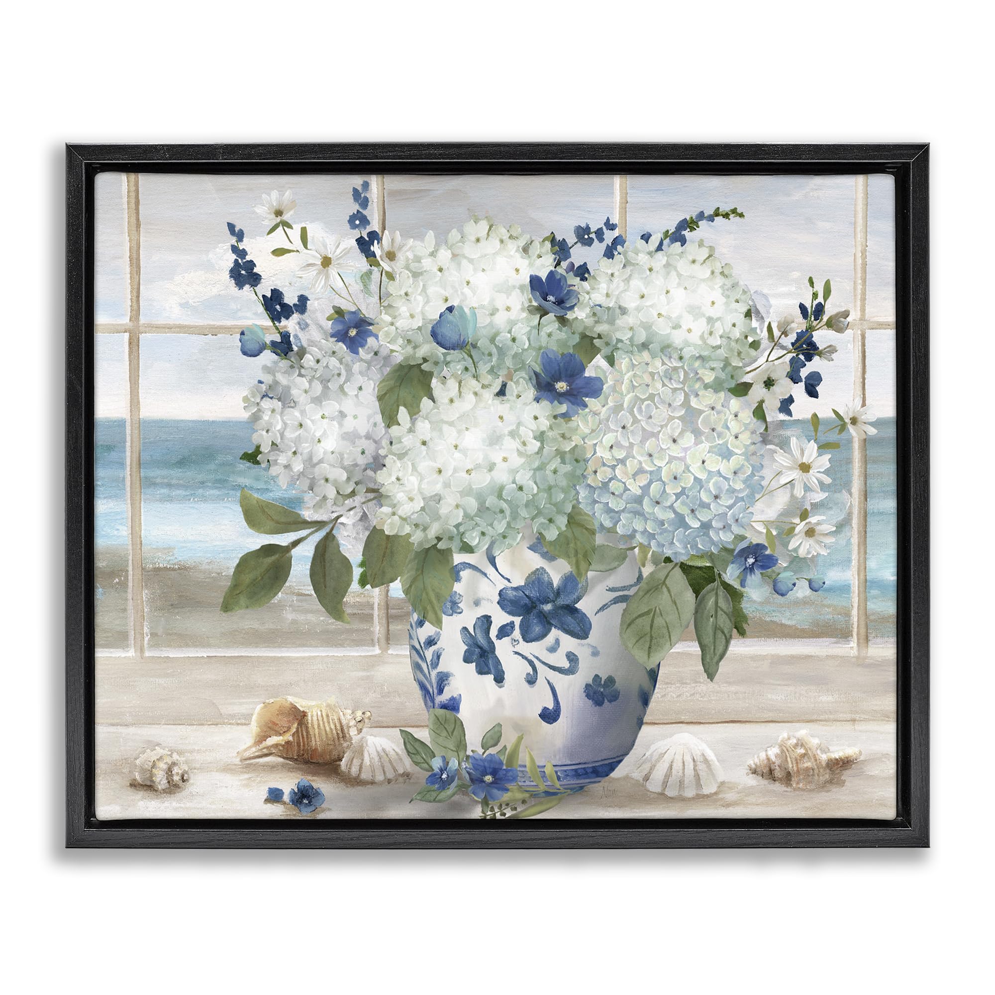 Stupell Industries 'Seaside Hydrangea Bouquet in Window', Floating Frame Canvas Art, Black, 31 x 25 Inches, Easy to Hang and Sturdy, Made in USA, by Nan