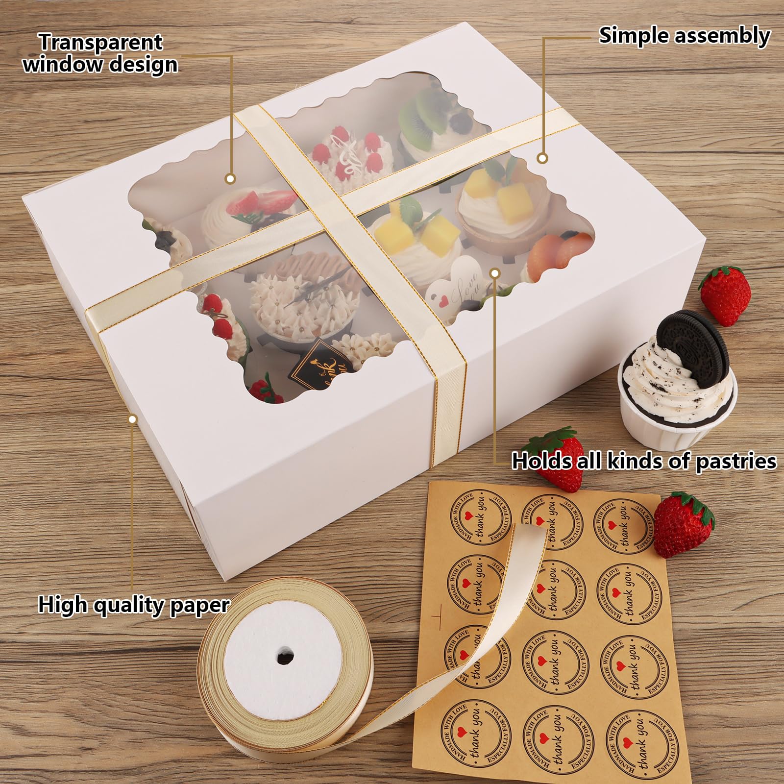 SHUESS Paquete de 25 cajas para cupcakes con 12 agujeros con ventana transparente, cajas blancas para tartas, 32,5 x 24,8 x 9 cm, caja de postre con inserciones extraíbles, ideal para pasteles,