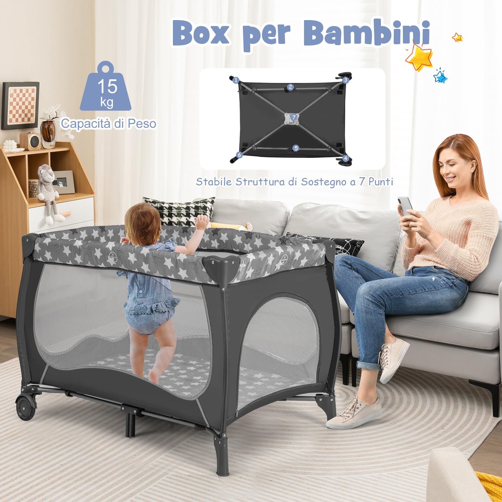 COSTWAY 5 in 1 Lettino da Campeggio con Materasso, Lettino Neonato da Viaggio Pieghevole, Box Bambini Portatile con Borsa, Zanzariera, per Bambini 0-36 Mesi (Stella Grigia)