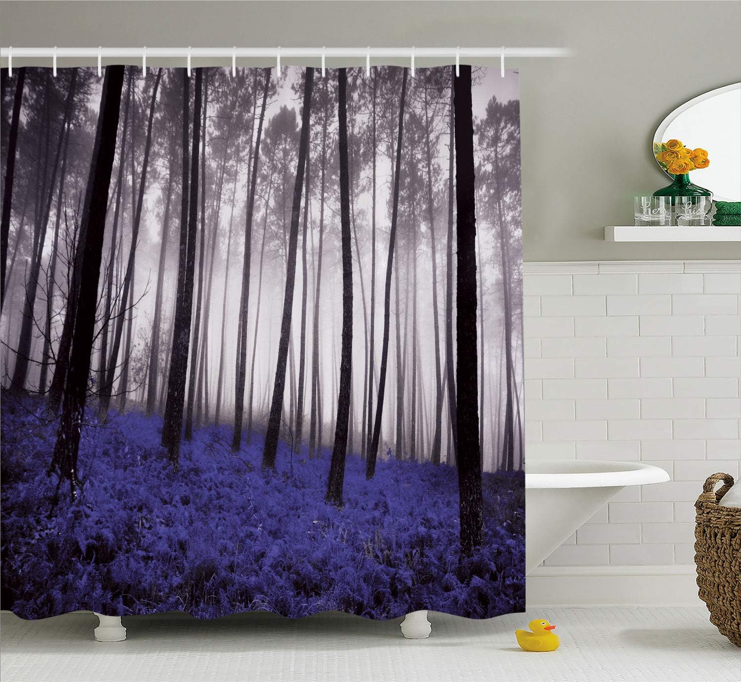 Ambesonne Forest Shower Curtain, Mystical Fantasy Woodland Under Heavy Fog Tall Trees Bushes Contrast Colors, Cloth Fabric Bathroom Decor Set with Hooks, 69" W x 70" L, Quartz Black